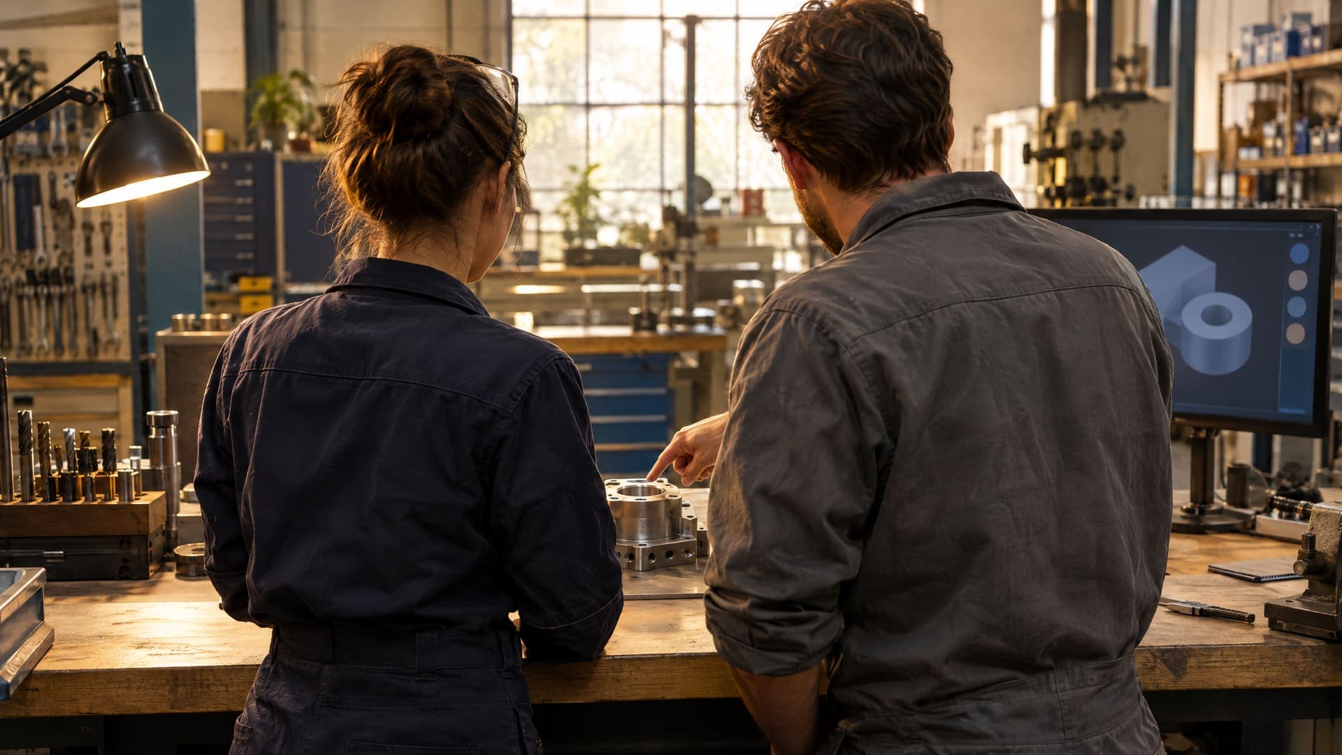 Zwei Mitarbeiter in Arbeitskleidung von hinten an einer Werkbank im Gespräch, einer zeigt auf ein Werkstück, Gesichter nicht sichtbar