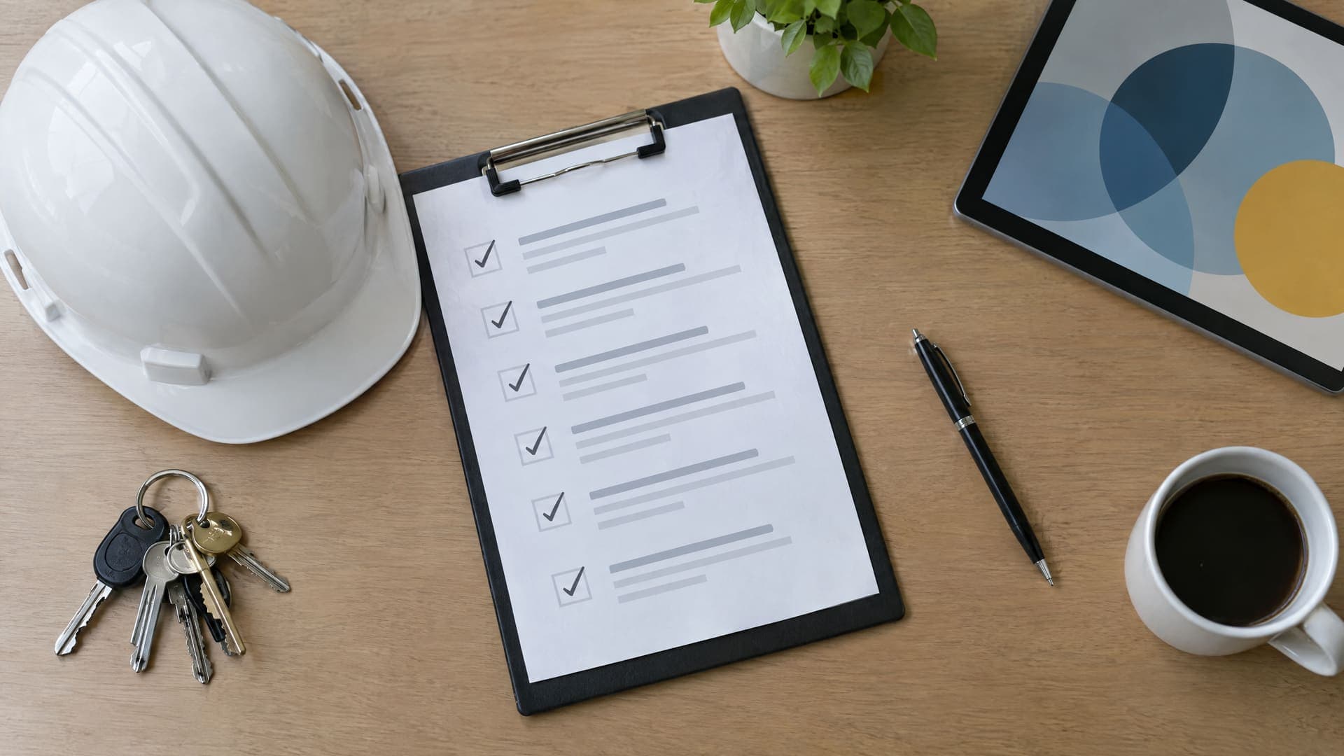 Ausgedruckte Checkliste mit Häkchen, Schutzhelm und Schlüsselbund auf einem Schreibtisch, Schrift unleserlich