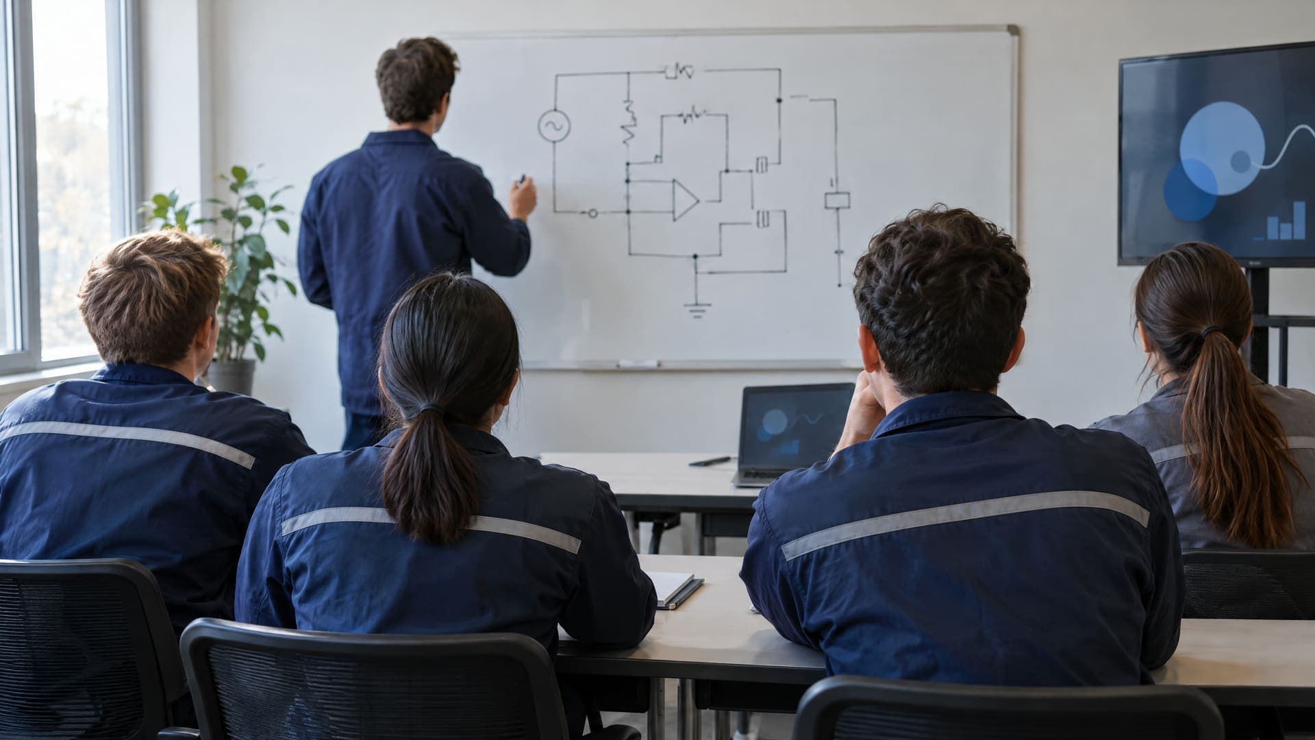 Kleine Gruppe in Arbeitskleidung von hinten in einem Schulungsraum vor einem Whiteboard mit Schaltplan-Skizze, Gesichter nicht sichtbar, Schrift unleserlich