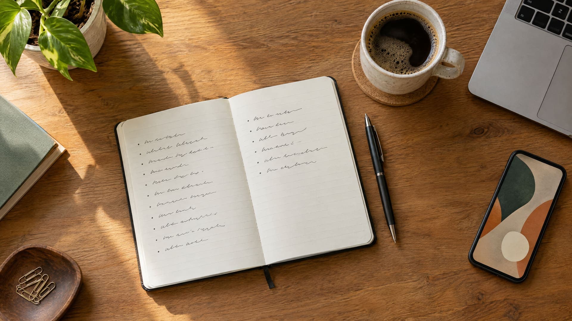 Aufgeschlagenes Notizbuch mit einer handschriftlichen Liste von Fragen neben einem Stift und einer Kaffeetasse auf einem Schreibtisch, Schrift unleserlich