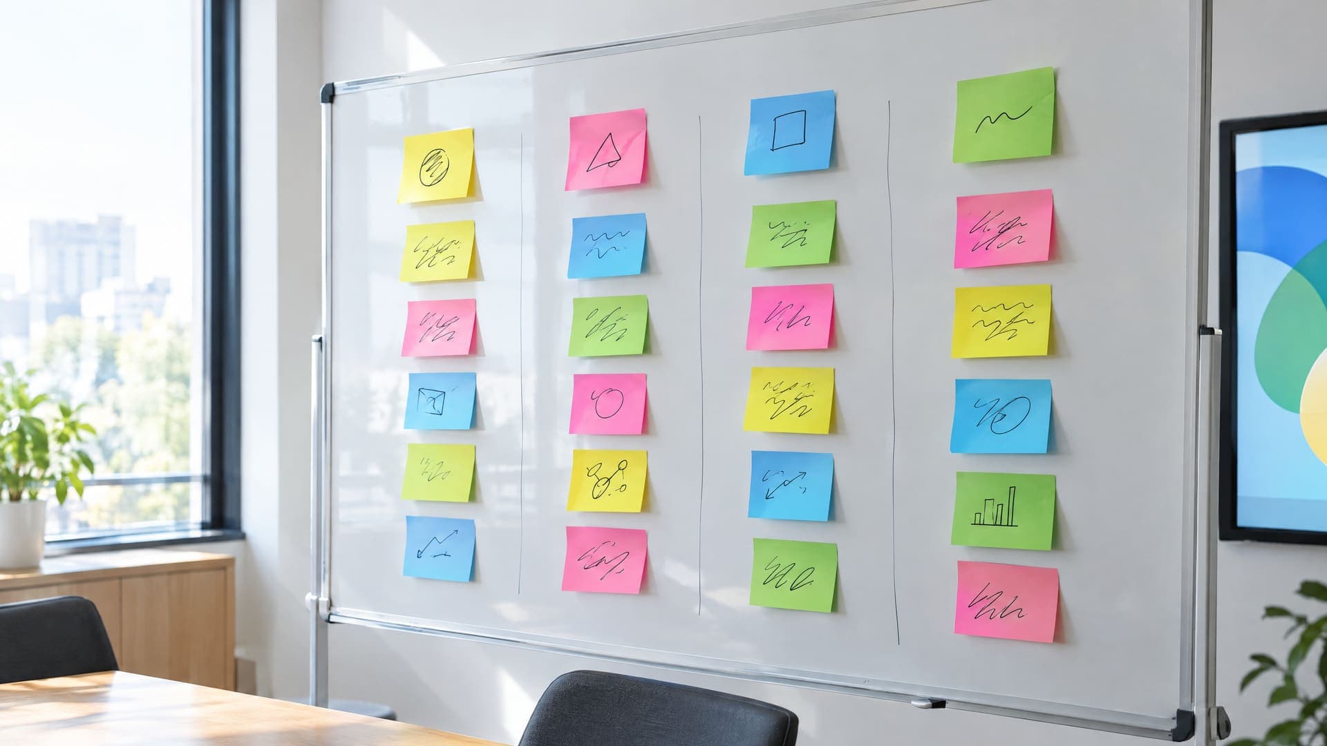 Whiteboard mit vier Spalten aus bunten Haftnotizen in einem Besprechungsraum, Schrift unleserlich