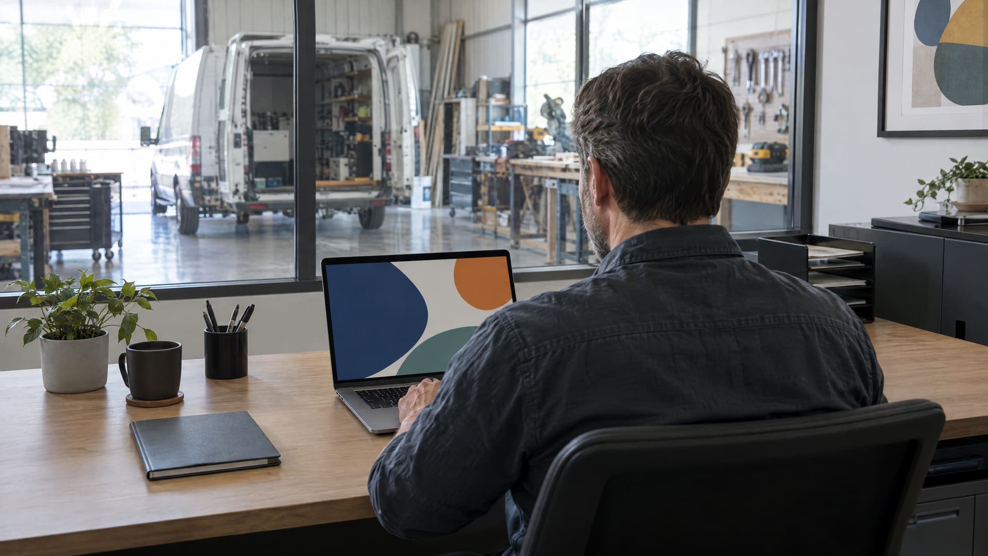 Inhaber eines Handwerksbetriebs von hinten an einem Schreibtisch in einem kleinen Büro, durch eine Glasscheibe ist die Werkstatt zu sehen, auf dem Laptop abstrakte Flächen, Gesicht nicht sichtbar