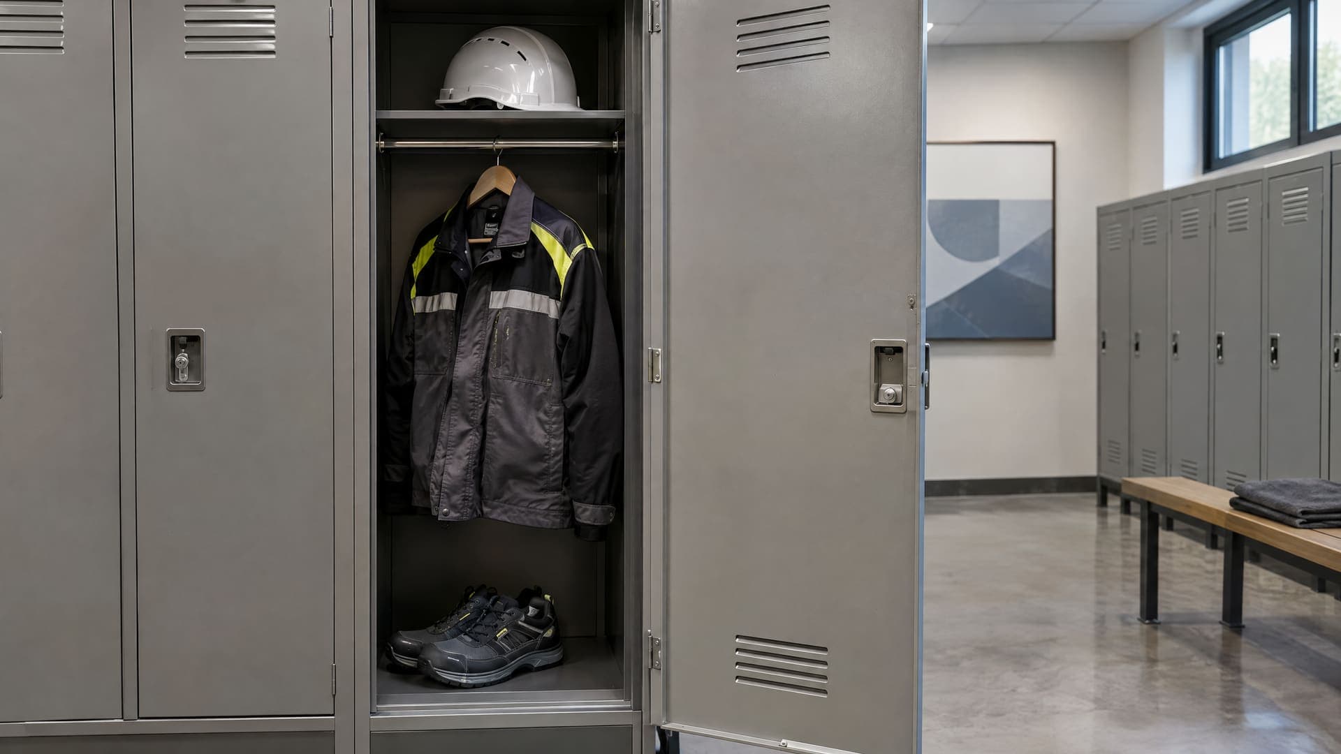 Offener Spind mit Arbeitsjacke, Helm und Sicherheitsschuhen in einer Werkstatt, ohne Namensschilder