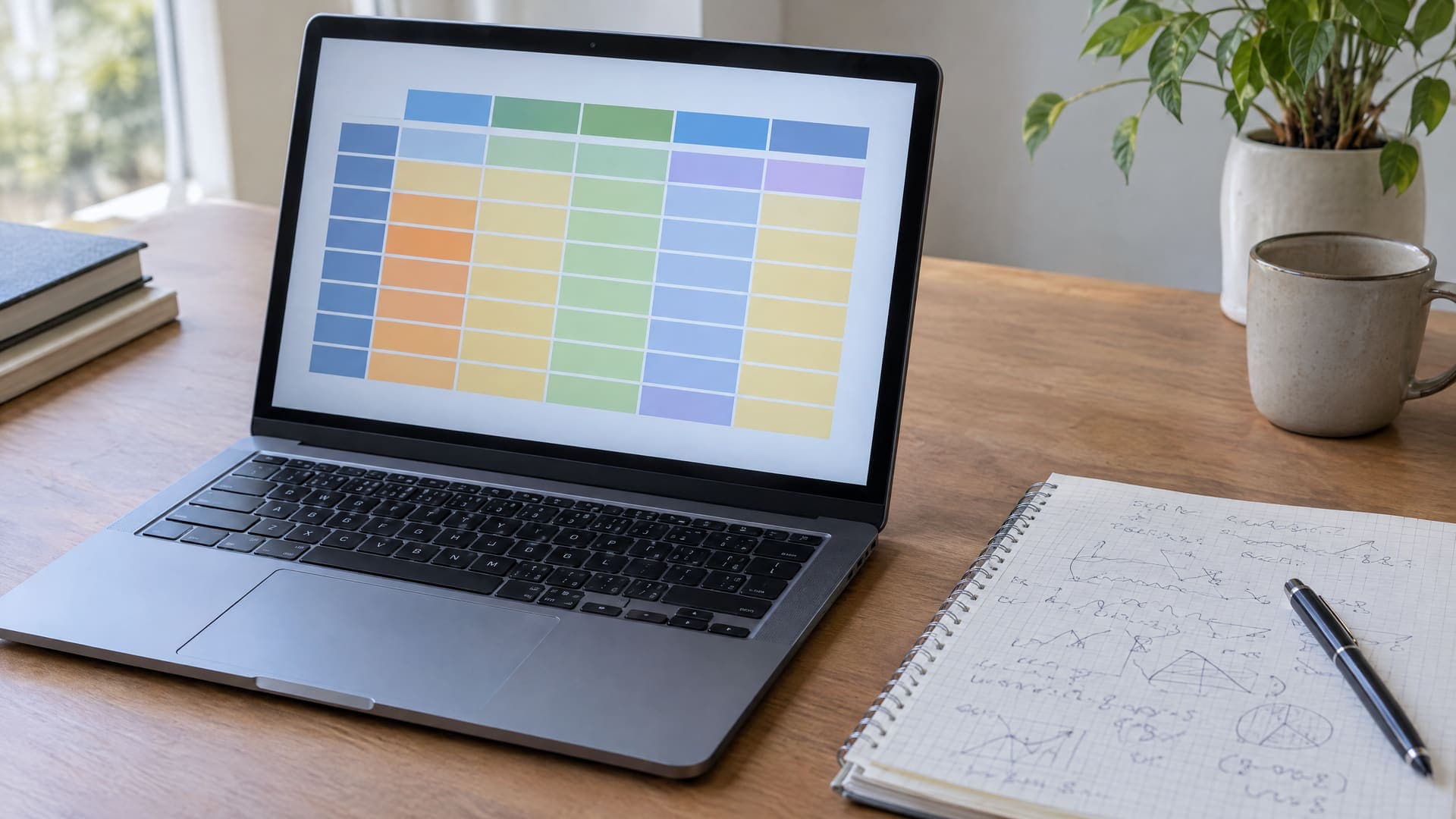 Laptop mit einer abstrakten Tabelle neben einem Notizbuch mit handschriftlichen Rechnungen auf einem Schreibtisch, Zahlen und Schrift unleserlich