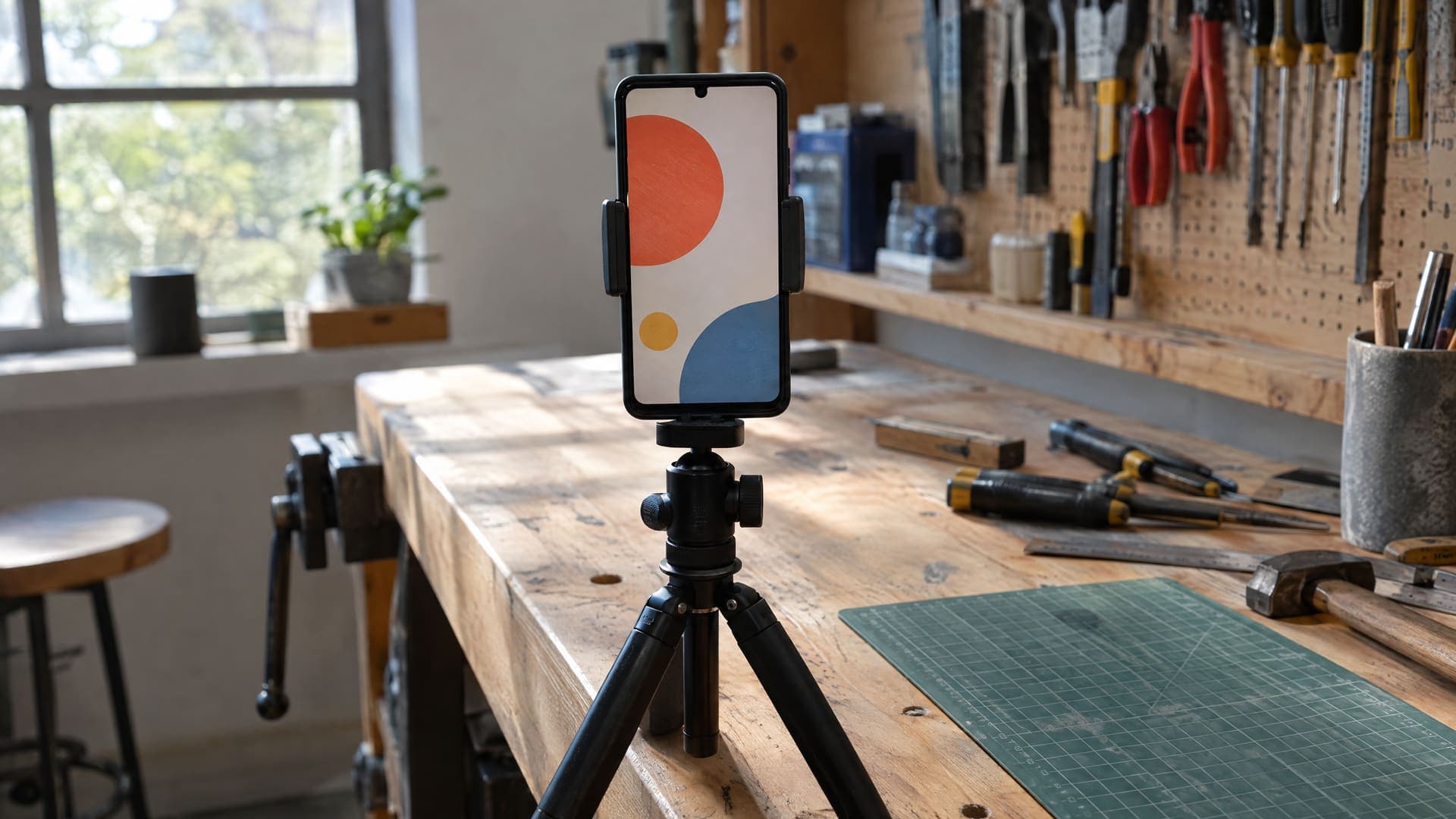 Smartphone auf einem kleinen Stativ filmt im Hochformat eine Werkbank mit Werkzeug in einer Werkstatt, das Display zeigt abstrakte Flächen, keine Personen
