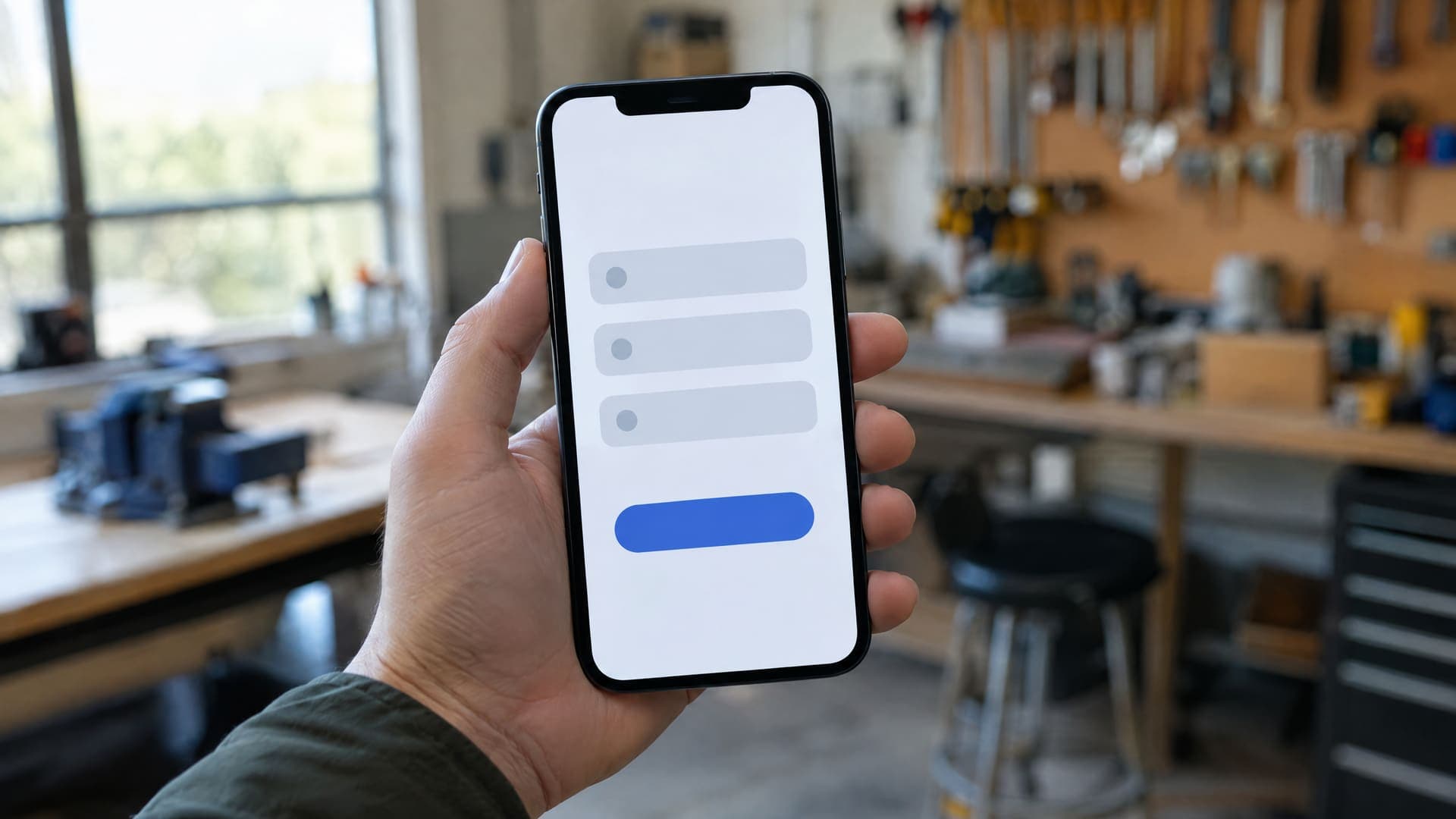 Hand hält ein Smartphone, das ein kurzes Formular mit drei Feldern und einem Button zeigt, im Hintergrund unscharf eine Werkstatt, Text unleserlich