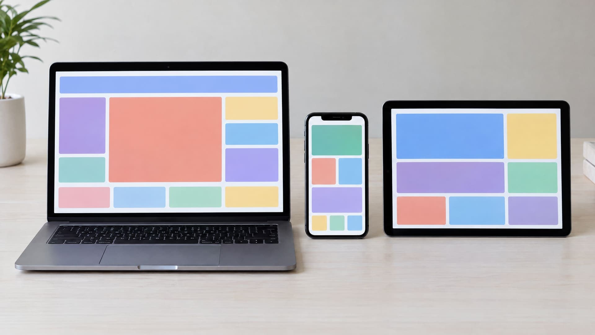 Laptop, Smartphone und Tablet nebeneinander auf einem Tisch, alle zeigen abstrakte Feeds mit Bildern in verschiedenen Layouts, Text unleserlich