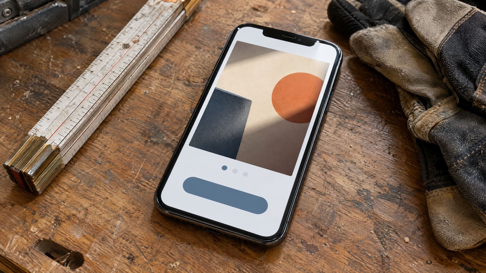 Smartphone liegt auf einer Werkbank und zeigt einen abstrakten Beitrag mit Foto und Schaltfläche, daneben ein Zollstock und Arbeitshandschuhe, Text unleserlich