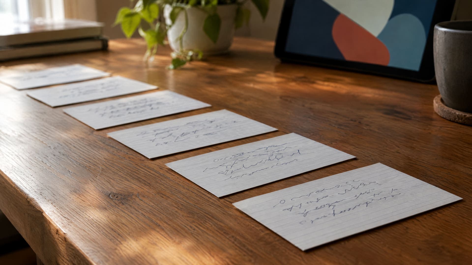 Mehrere Karteikarten in einer Reihe auf einem Holztisch, jede mit kurzen handschriftlichen Stichworten, Schrift unleserlich