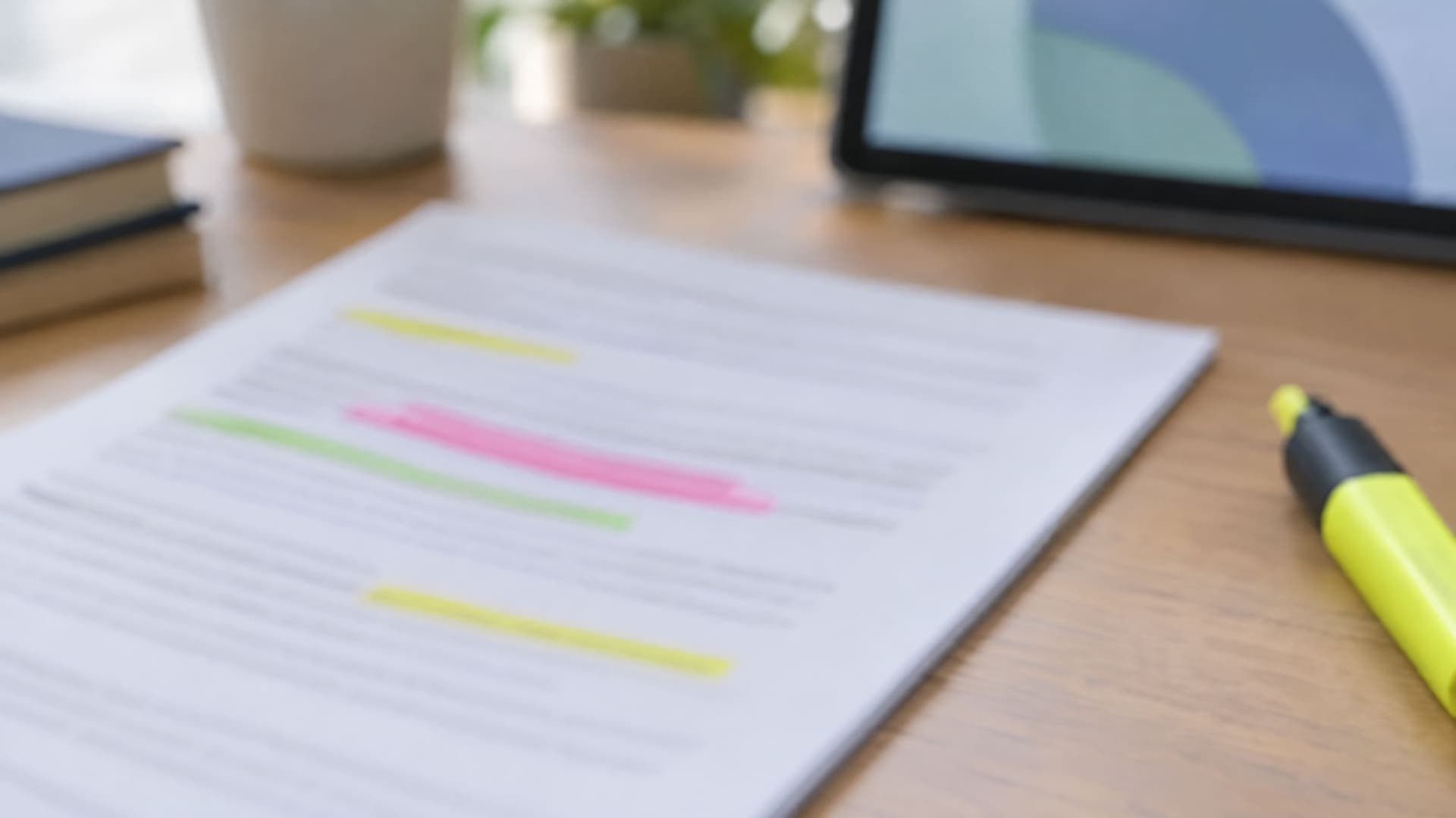Ausgedruckte Stellenanzeige mit farbigen Markierungen an einzelnen Zeilen und einem Textmarker auf einem Schreibtisch, Text unleserlich