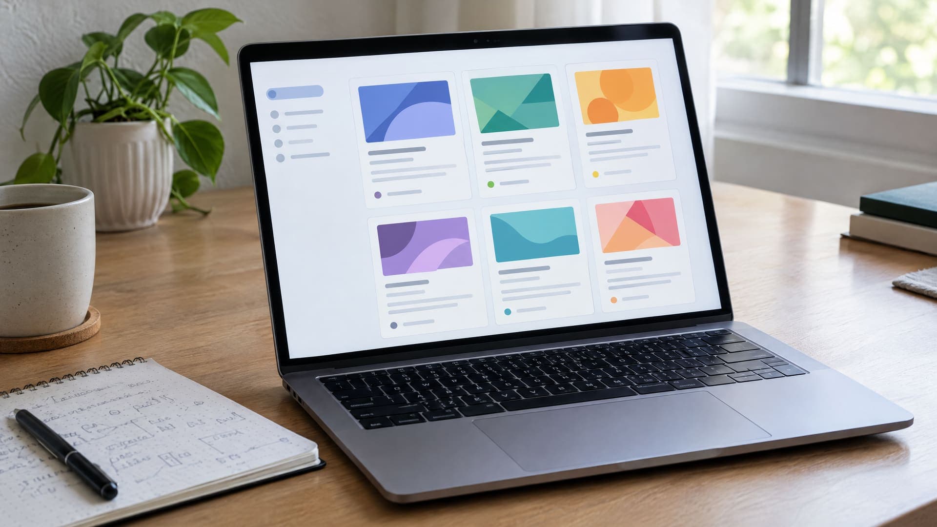 Laptop zeigt mehrere abstrakte Karten einer Stellenübersicht in verschiedenen Layouts, daneben ein Notizbuch mit Stichworten, Text unleserlich