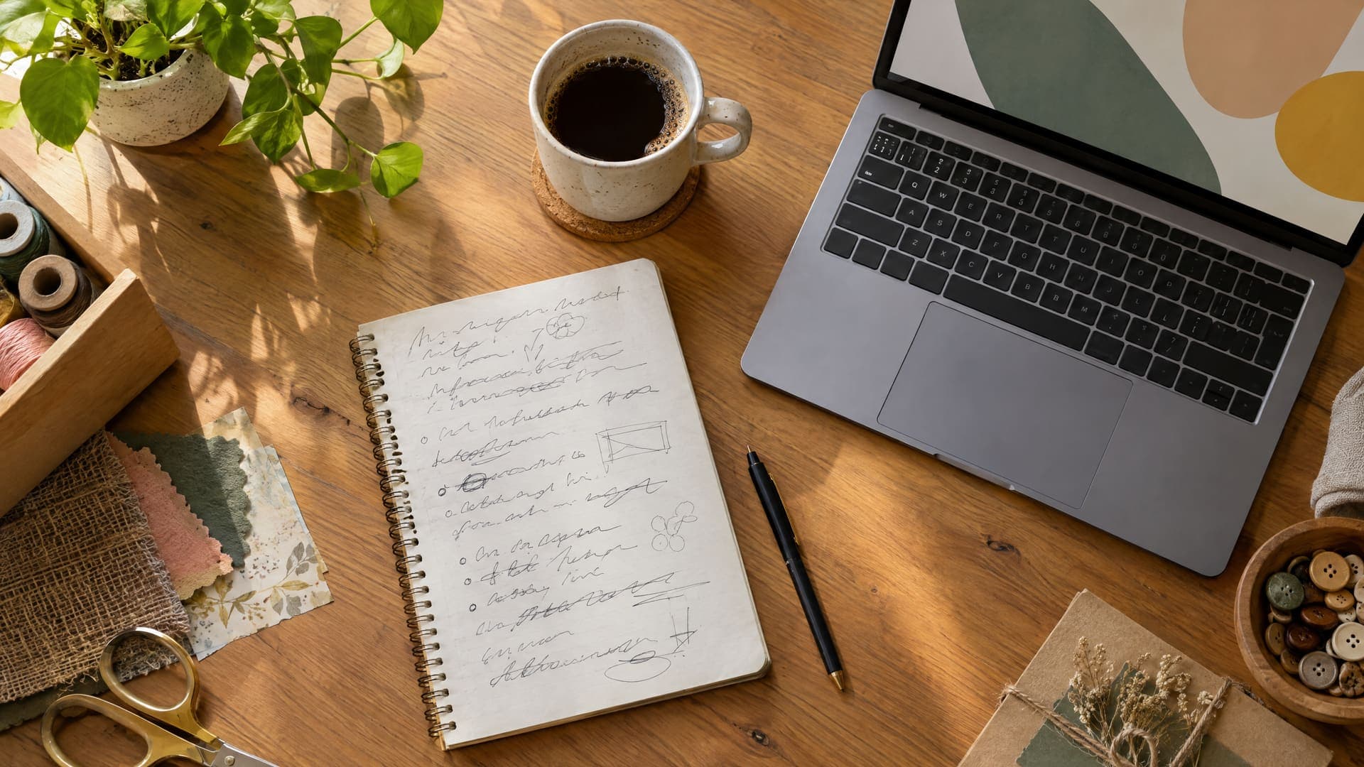Handschriftlicher Entwurf einer Stellenanzeige auf einem Notizblock neben Laptop und Kaffeetasse in einem Werkstattbüro, Schrift unleserlich