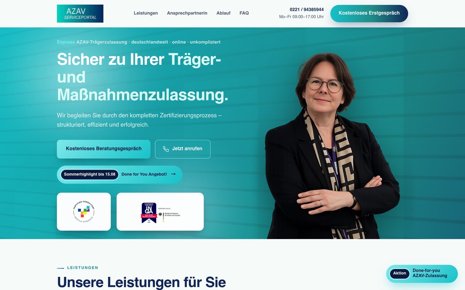 Website-Screenshot AZAV Serviceportal: AZAV Zulassung, Webdesign, Lead-Generierung von Digital030