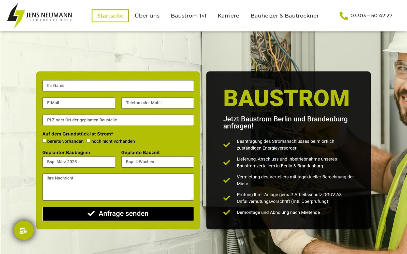 Website-Screenshot Jens Neumann Elektrotechnik: Baustrom Berlin, Automatisierung, Webdesign von Digital030