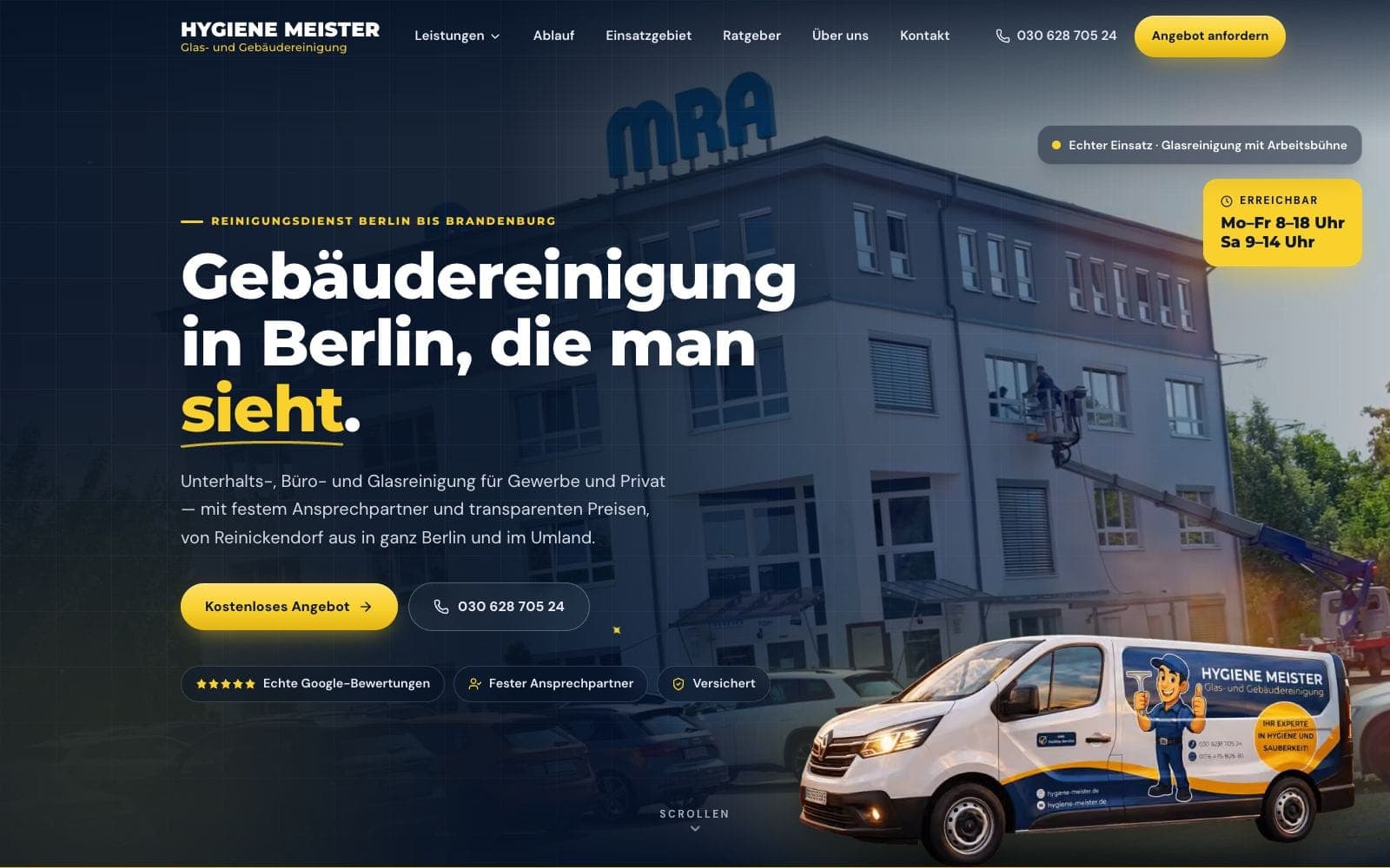 Website-Screenshot Hygiene Meister: Gebäudereinigung Berlin, Webdesign, Local SEO von Digital030