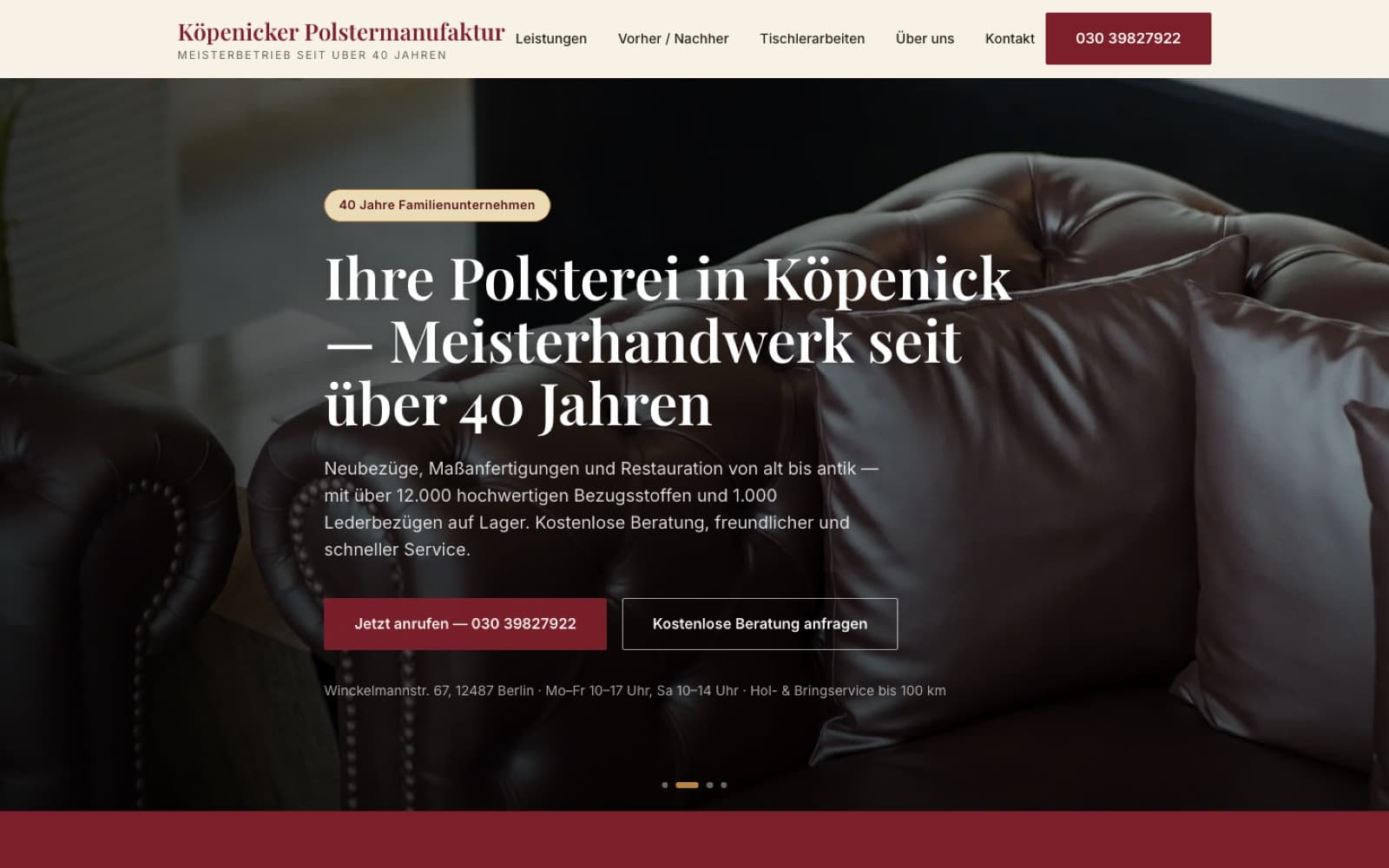 Website-Screenshot Köpenicker Polstermanufaktur: Polsterei Berlin, Webdesign, Local SEO von Digital030