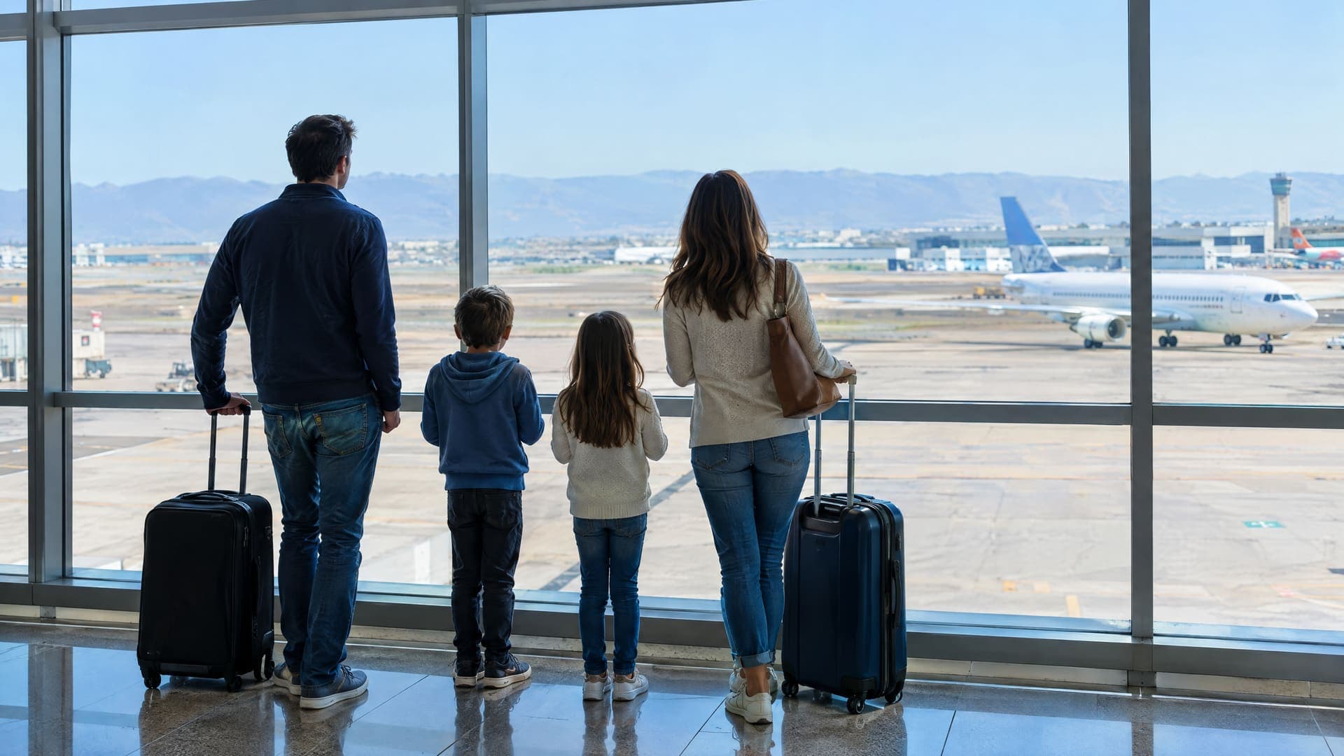 Familie von hinten am Flughafenfenster mit Blick auf ein Flugzeug, Koffer neben ihnen, helles Tageslicht