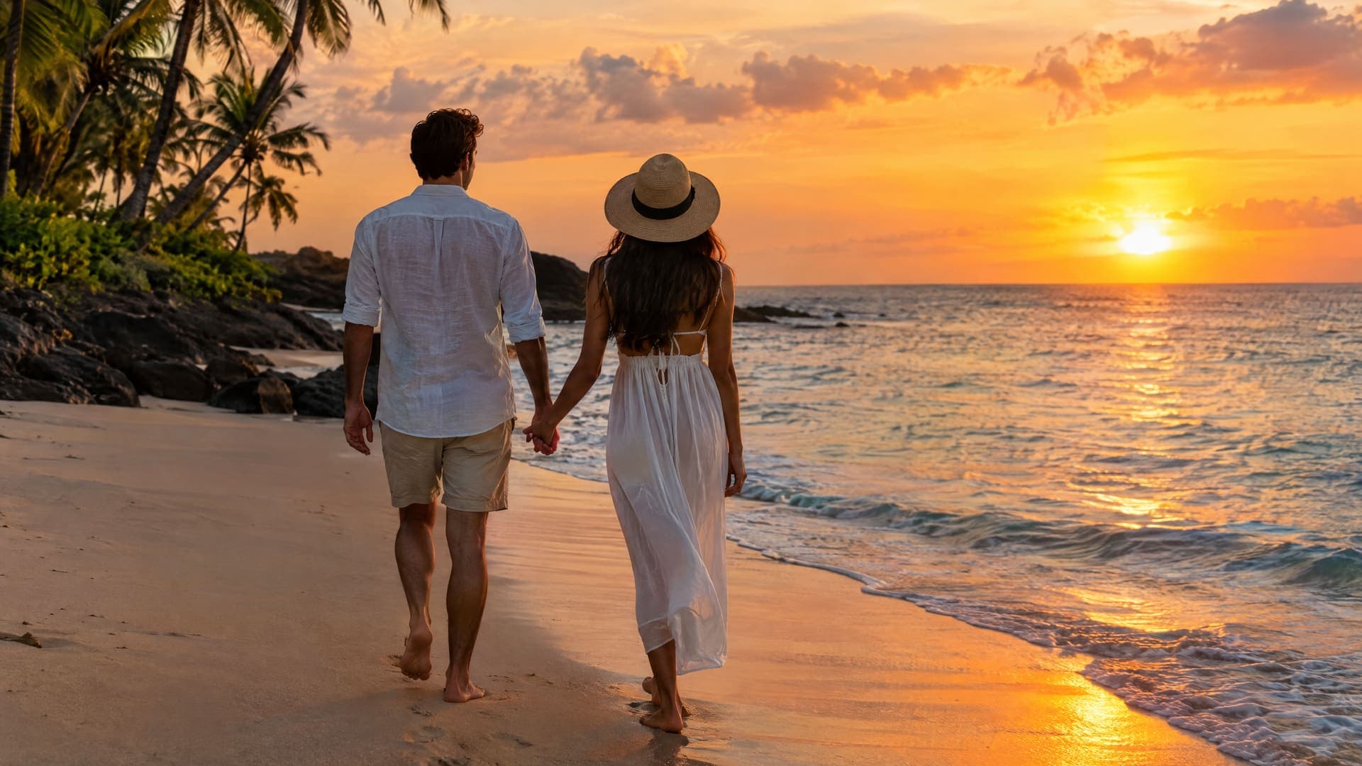 Ein Paar von hinten Hand in Hand an einem tropischen Strand bei Sonnenuntergang, Gesichter nicht sichtbar
