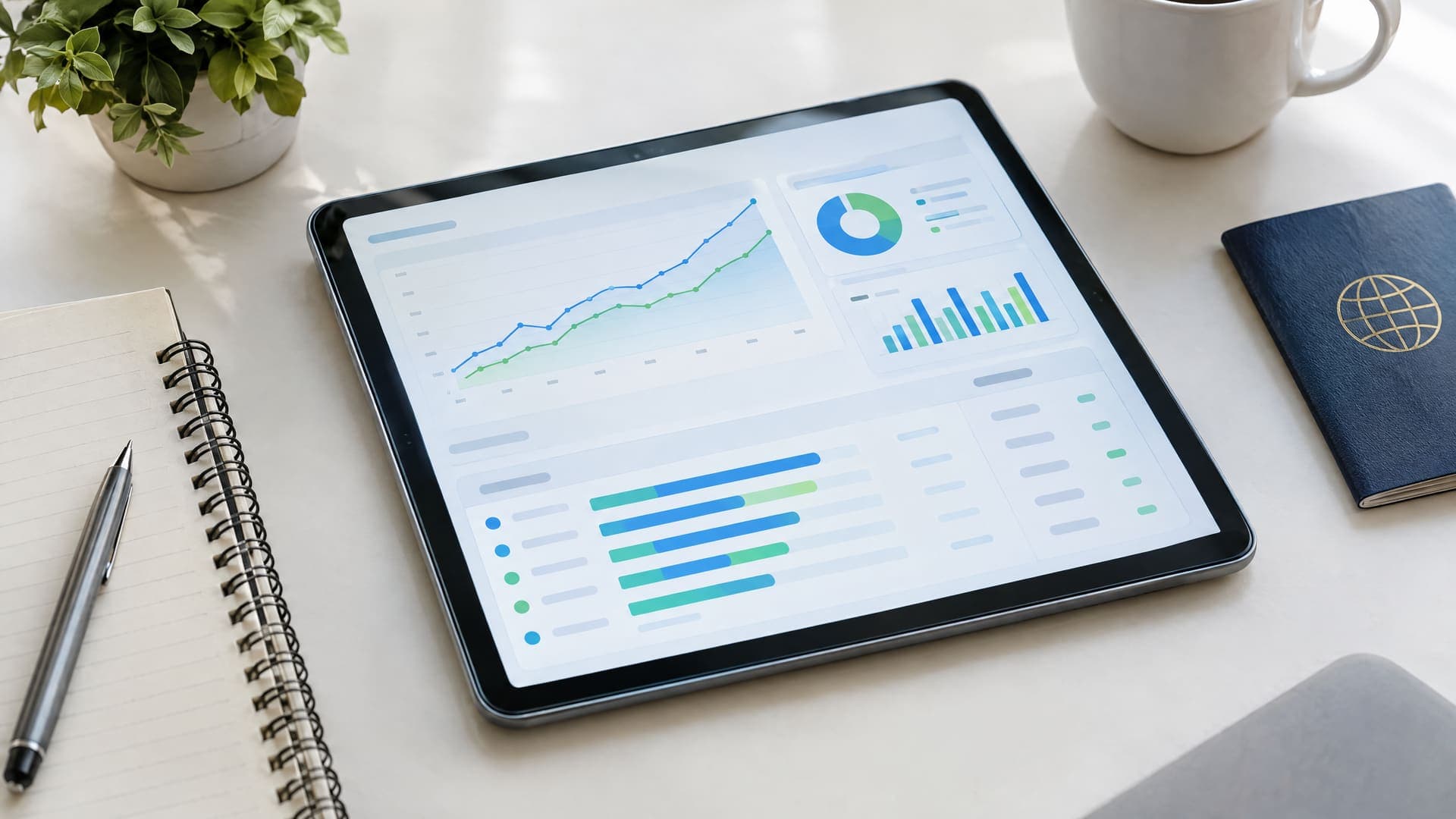 Tablet mit Kampagnen-Dashboard aus ansteigender Linie und Budgetbalken neben Notizbuch und Reisepass