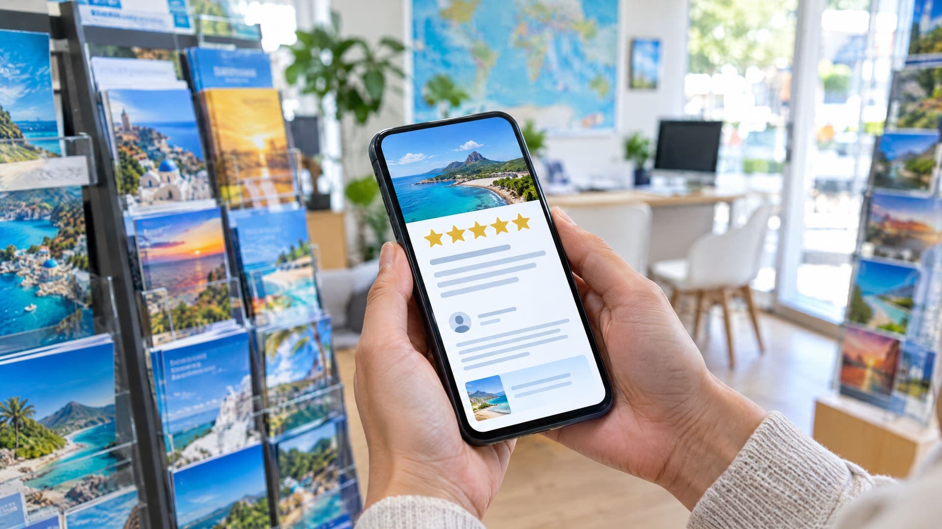 Zwei Hände halten ein Smartphone mit Fünf-Sterne-Bewertung in einem hellen Reisebüro, Katalogregale unscharf im Hintergrund