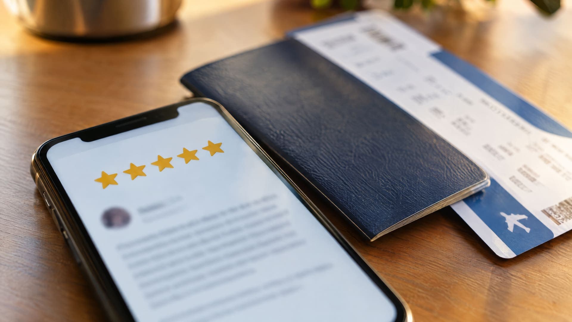Smartphone mit fünf goldenen Sternen einer Bewertung neben Reisepass und Bordkarte auf einem Schreibtisch