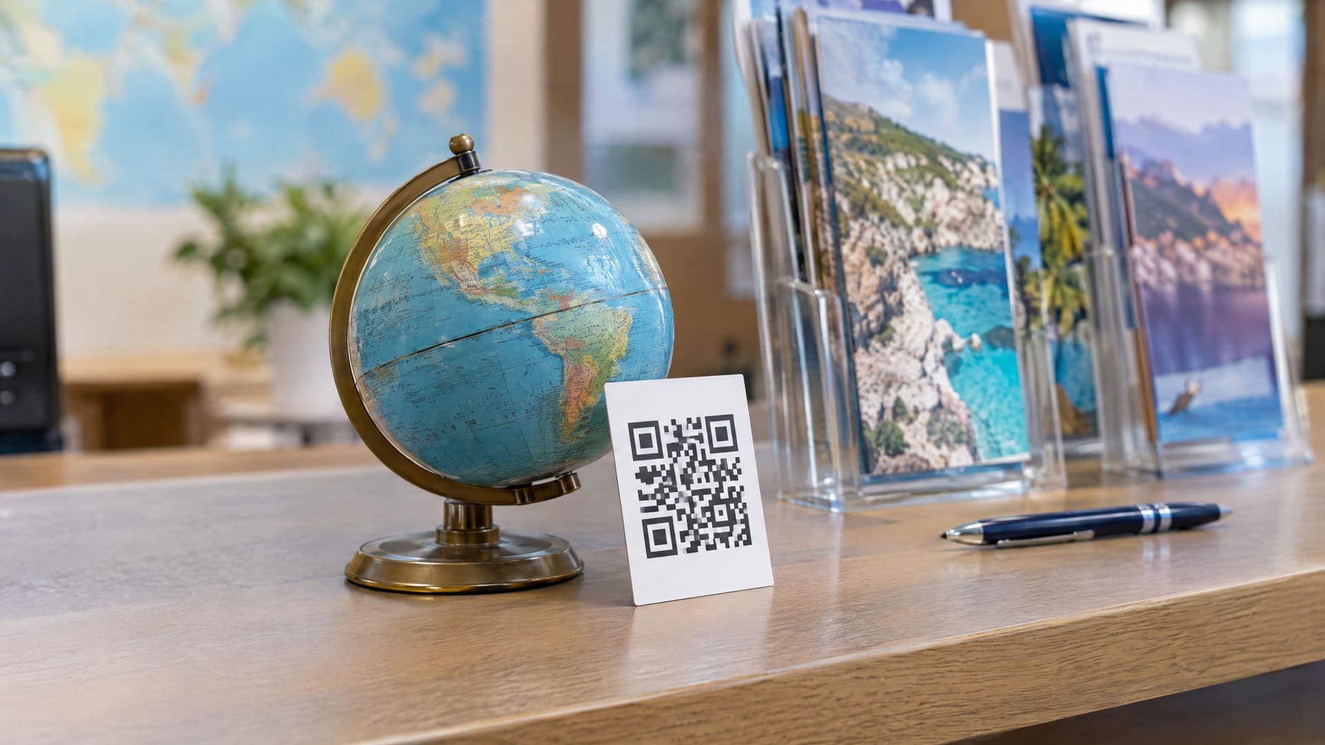 Kleine Karte mit abstraktem QR-Code vor einem kleinen Globus auf einem Reisebüro-Tresen, im Hintergrund Prospektständer