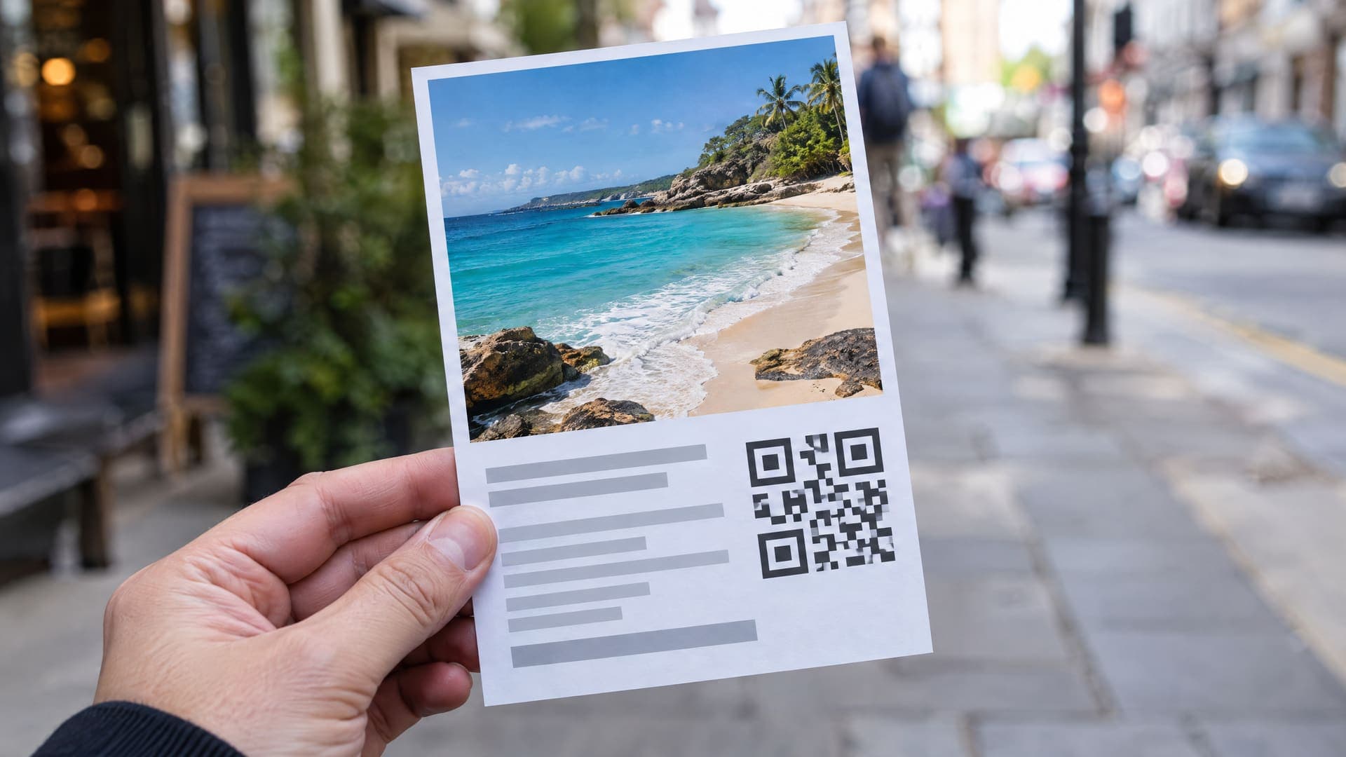 Hand hält einen gedruckten A5-Flyer mit großem Strandfoto und abstraktem QR-Code, Zeilen als unleserliche graue Balken, Straße unscharf im Hintergrund