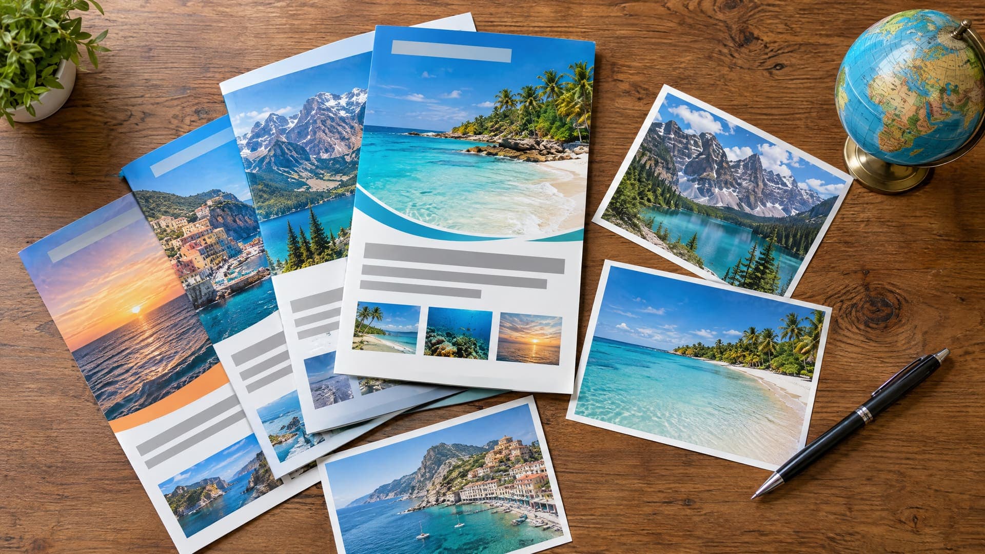 Bunte Reise-Flyer und Postkarten mit Strand- und Bergfotos auf einem Holztisch fächerförmig ausgelegt, Text nur als graue Balken, daneben ein Stift und ein kleiner Globus