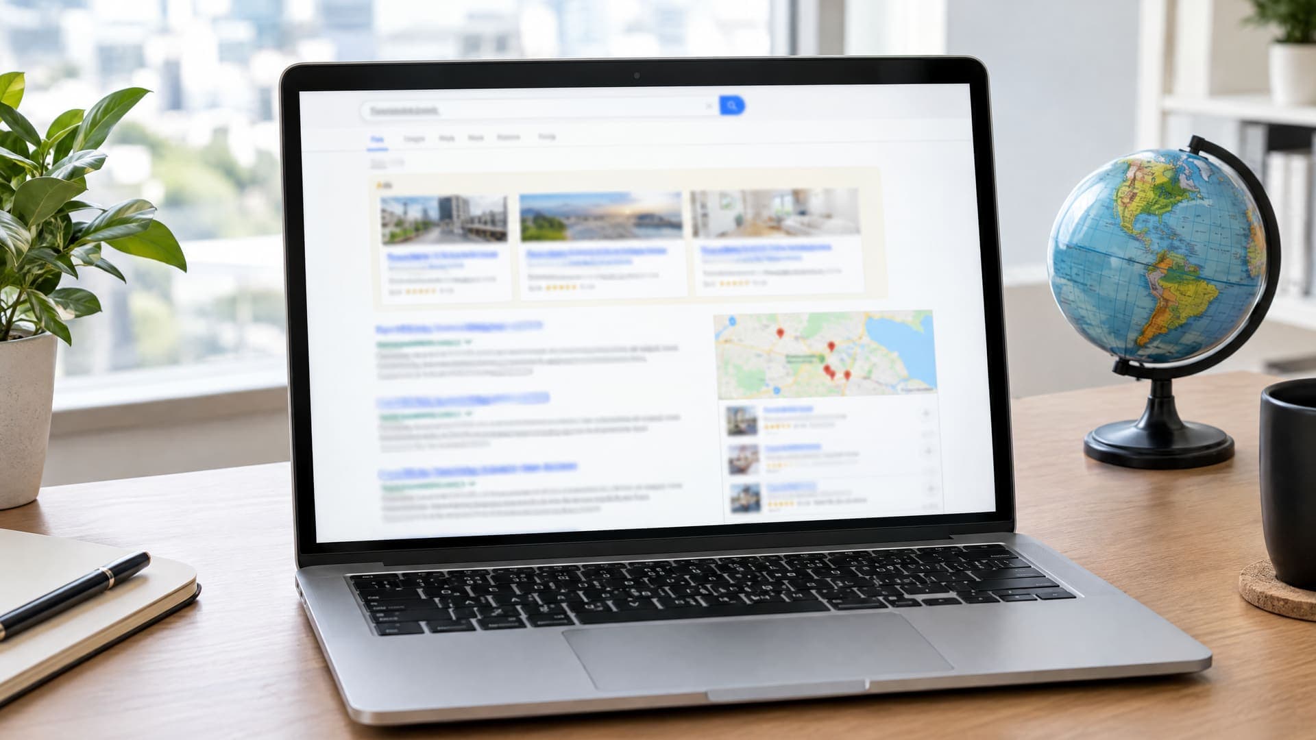 Laptop mit Suchergebnisseite aus Anzeigenblöcken und lokalem Kartenabschnitt, daneben ein kleiner Globus