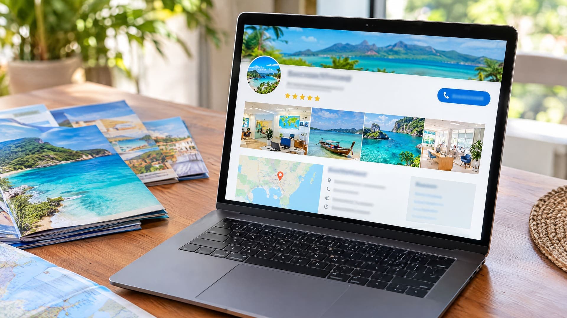 Laptop mit Unternehmensprofil aus Karte, Fotostreifen eines hellen Reisebüros, goldenen Sternen und Anruf-Button, daneben Reisebroschüren