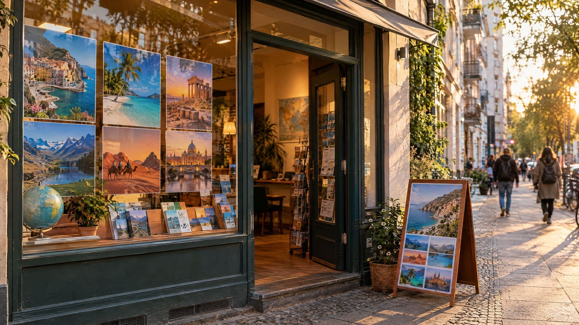 Kleines Reisebüro in einem Berliner Kiez im goldenen Abendlicht mit Schaufenster voller Reiseziel-Plakate und offener Tür
