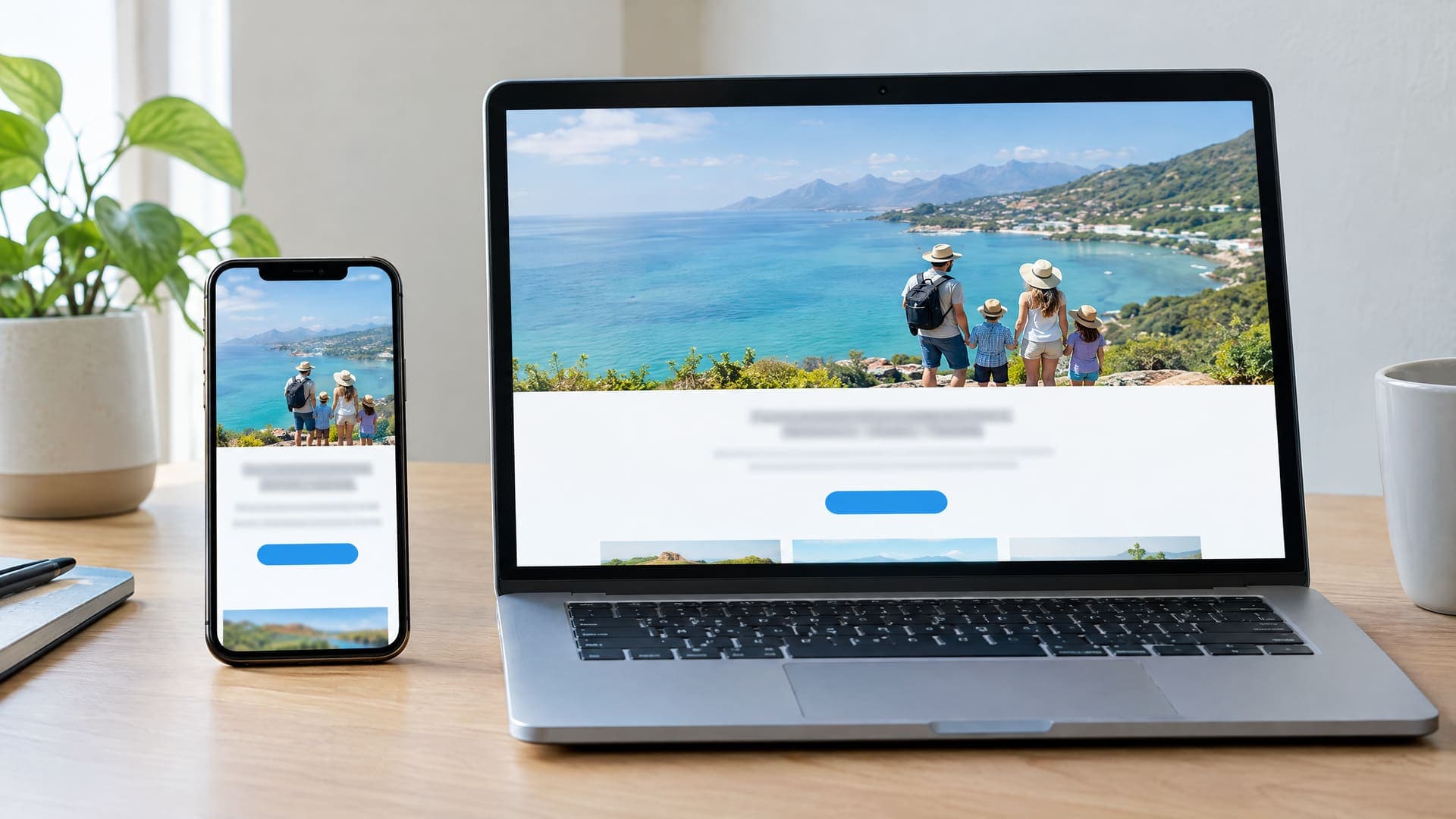 Smartphone und Laptop nebeneinander mit derselben Landingpage aus einem großen Familienurlaubsfoto und einem blauen Button, Text unscharf