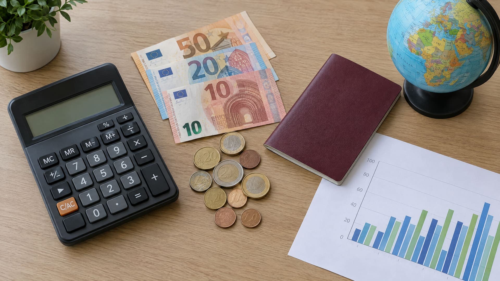 Draufsicht auf Taschenrechner, Euro-Münzen und Geldscheine, Reisepass, kleinen Globus und ein Balkendiagramm auf einem Schreibtisch
