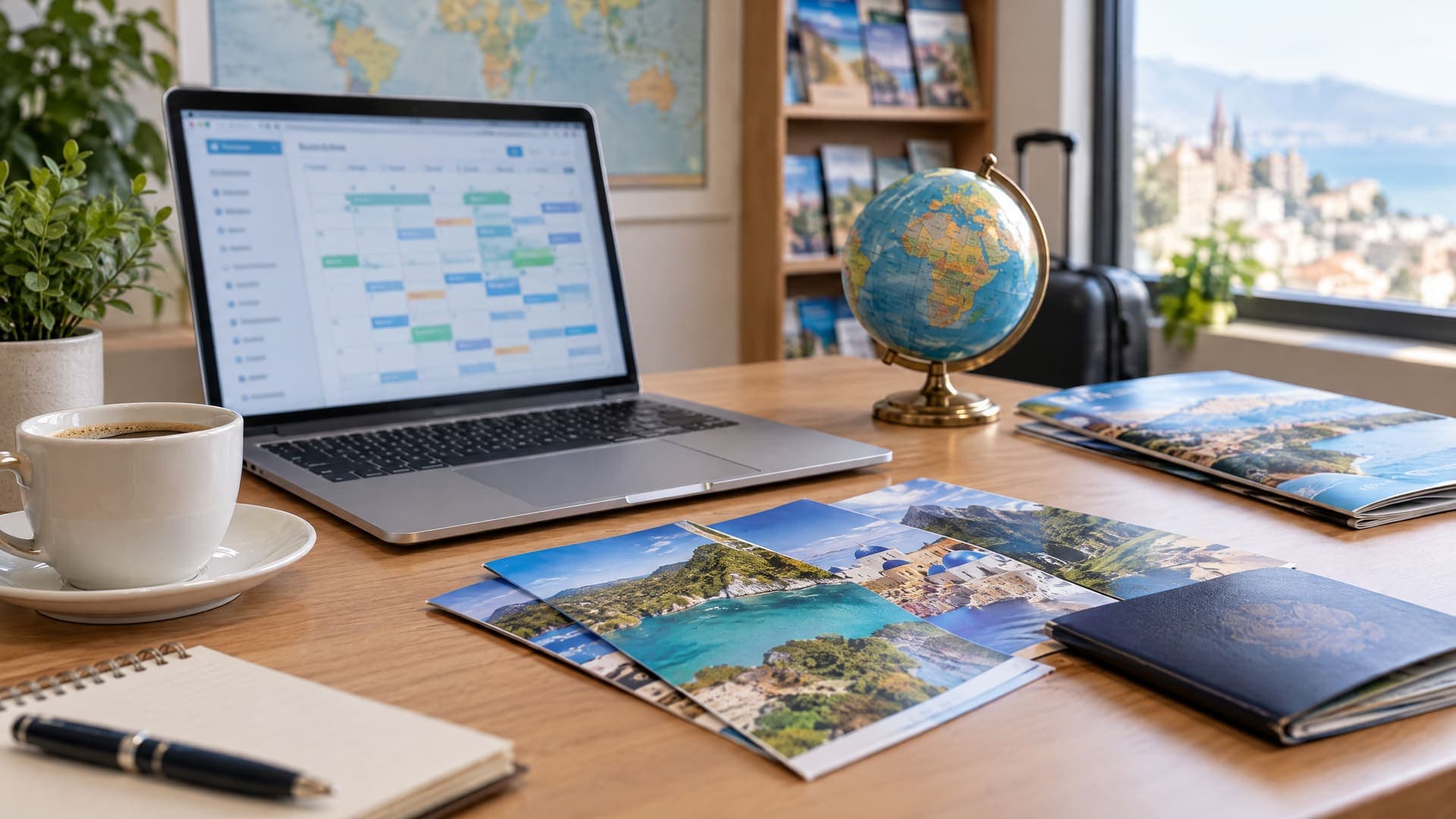 Schreibtisch in einem Reisebüro mit Laptop, Buchungskalender, Globus, Reisekatalogen, Reisepass und Kaffeetasse