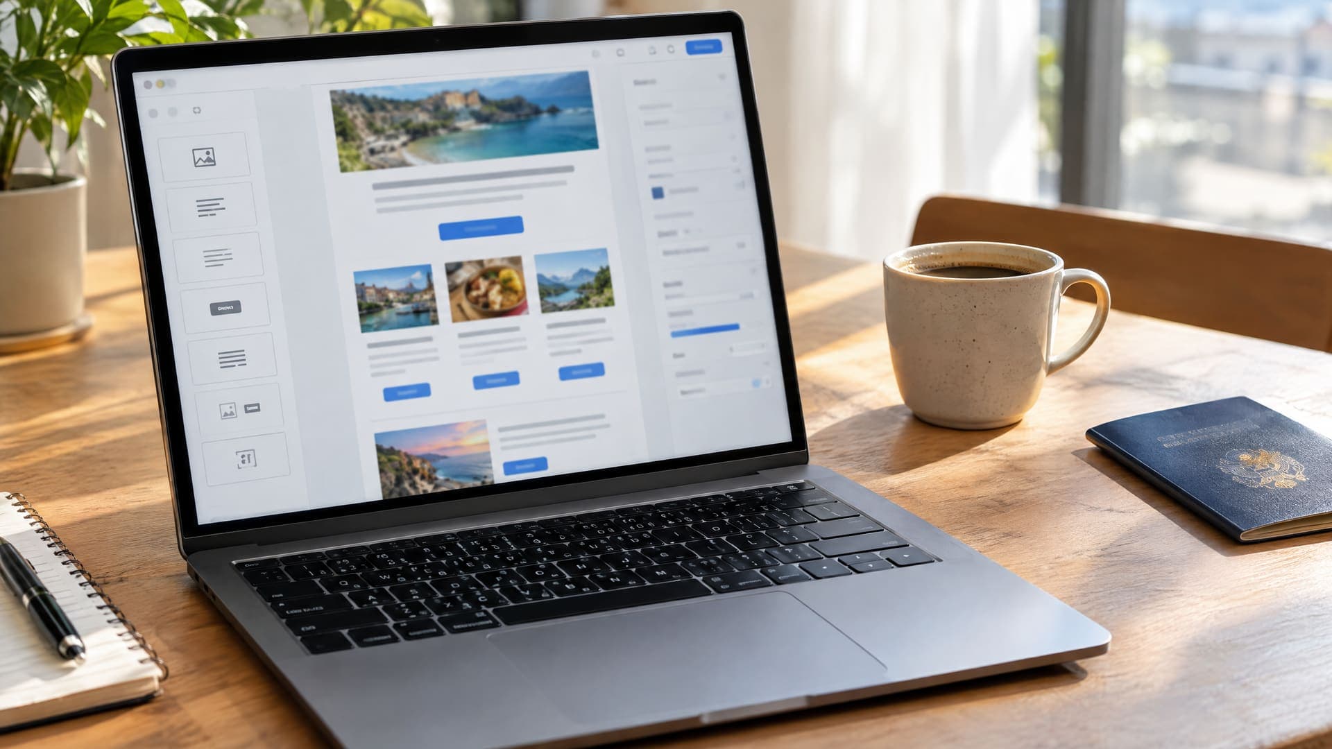 Laptop mit abstraktem Newsletter-Editor aus Fotoblöcken und Buttons neben Kaffeetasse und Reisepass