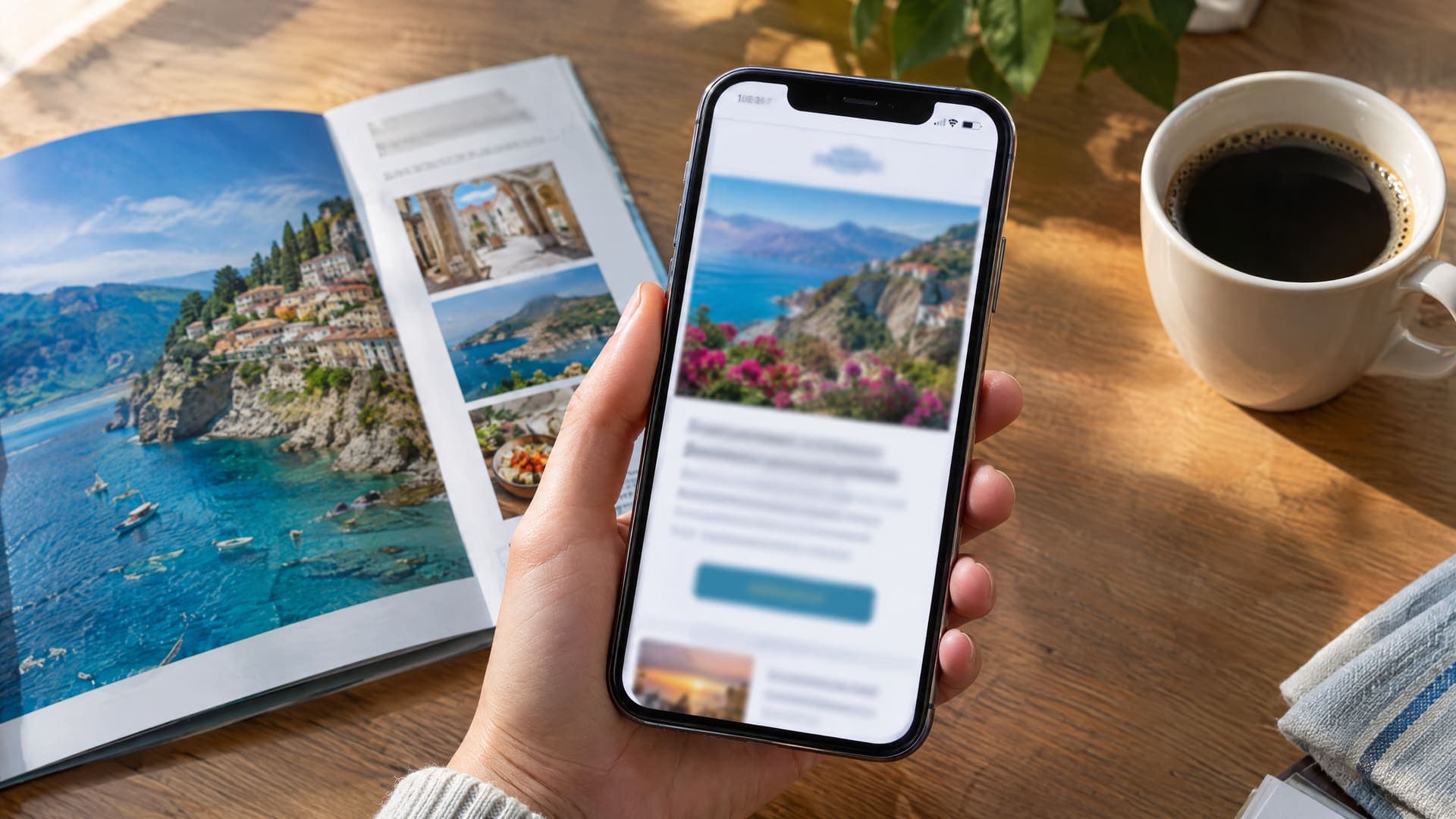 Smartphone mit abstraktem E-Mail-Newsletter aus großem Reiseziel-Foto und einem Button, daneben Reisebroschüre und Kaffeetasse