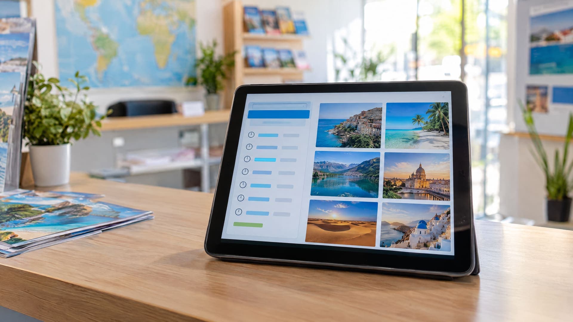Tablet auf einem Reisebüro-Tresen mit abstraktem Öffnungszeitenplan und Fotoraster, das helle Büro unscharf im Hintergrund