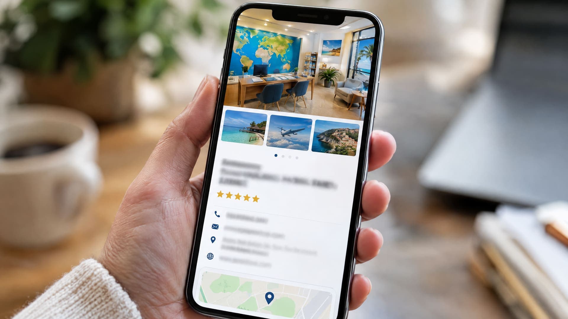 Hand hält ein Smartphone mit Unternehmensprofil, Fotokarussell eines Reisebüro-Innenraums und goldenen Sternen, Text unscharf