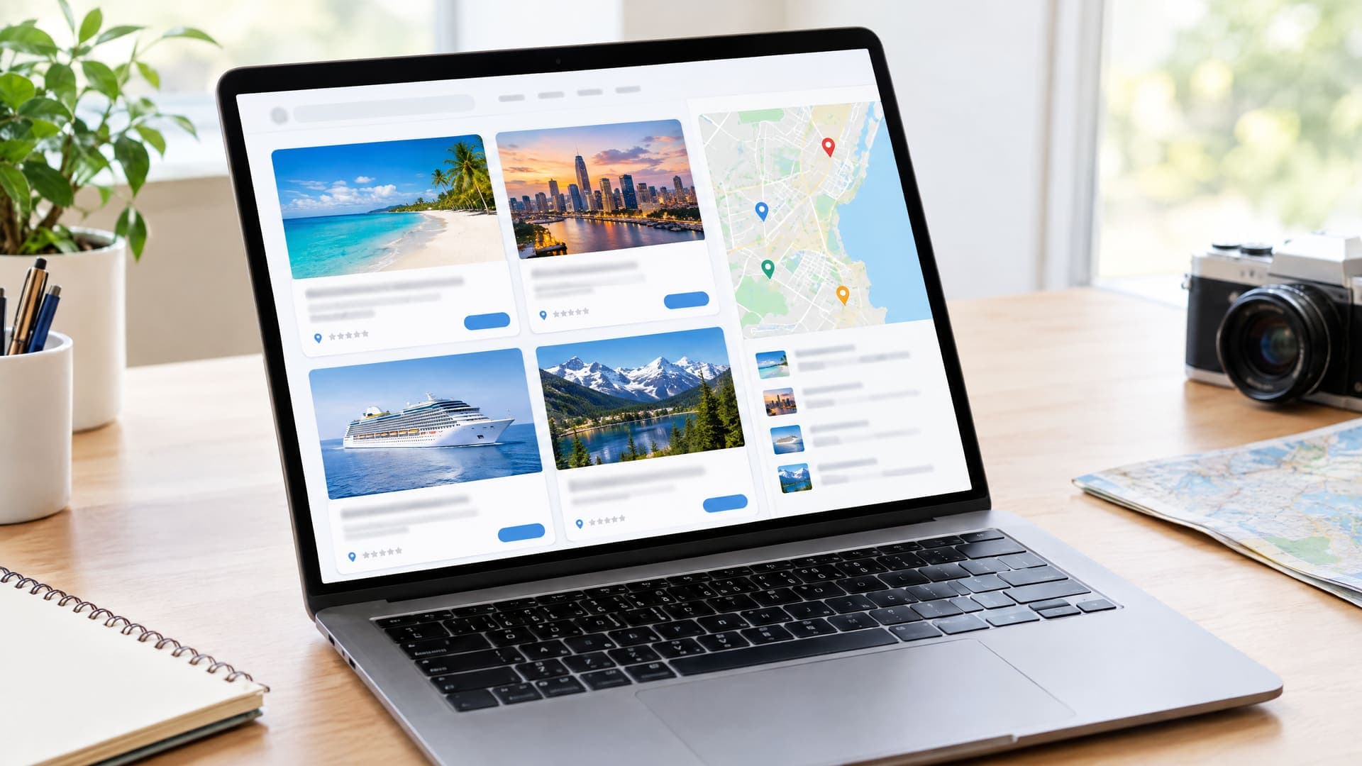 Laptop mit Raster aus Reiseart-Karten für Strand, Stadt, Kreuzfahrt und Berge neben einem kleinen Stadtplan