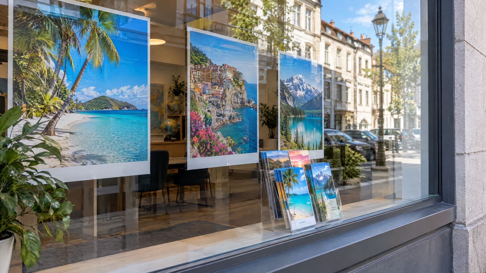 Schaufenster eines Reisebüros mit Reiseziel-Plakaten und einem Flyerhalter voller bunter Flyer auf der Fensterbank, Text unleserlich