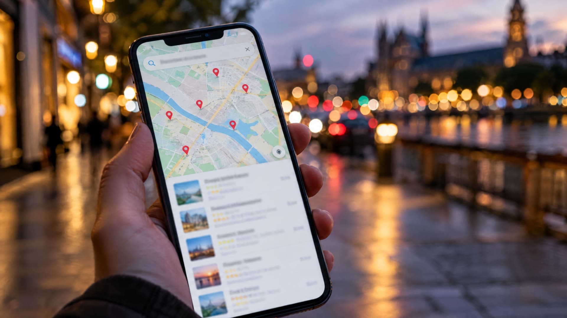 Smartphone mit Kartensuche nach Reisebüros in einer deutschen Stadt, mehreren Standortmarkierungen und unscharfem Text, im Hintergrund Straßenlichter