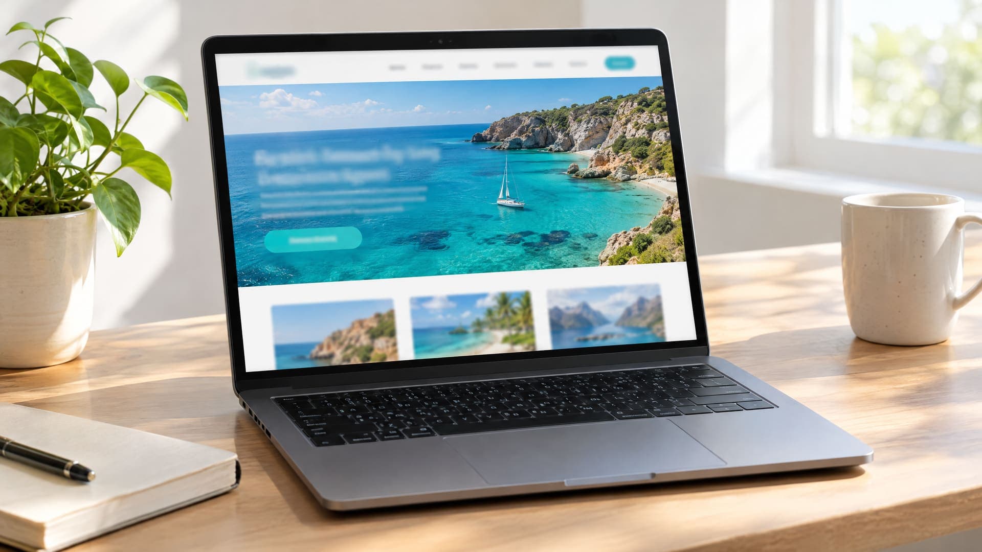 Laptop mit moderner Reisebüro-Website aus großem türkisfarbenem Meerfoto und einem auffälligen Button für den Beratungstermin, Text unscharf