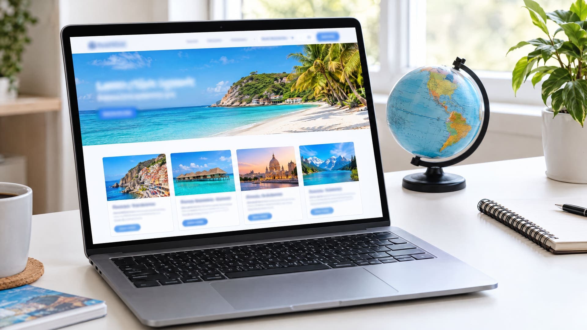 Laptop mit Reisebüro-Website aus großem Strandfoto und einer Reihe von Reiseziel-Karten, Text unleserlich, daneben ein kleiner Globus