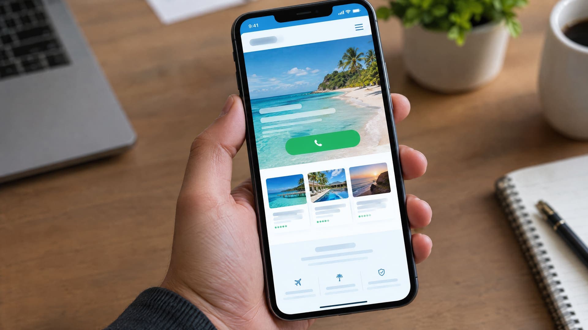 Hand hält ein Smartphone mit mobiler Reisebüro-Website, Strand-Kopfbild und großem grünem Anruf-Button, Text unscharf