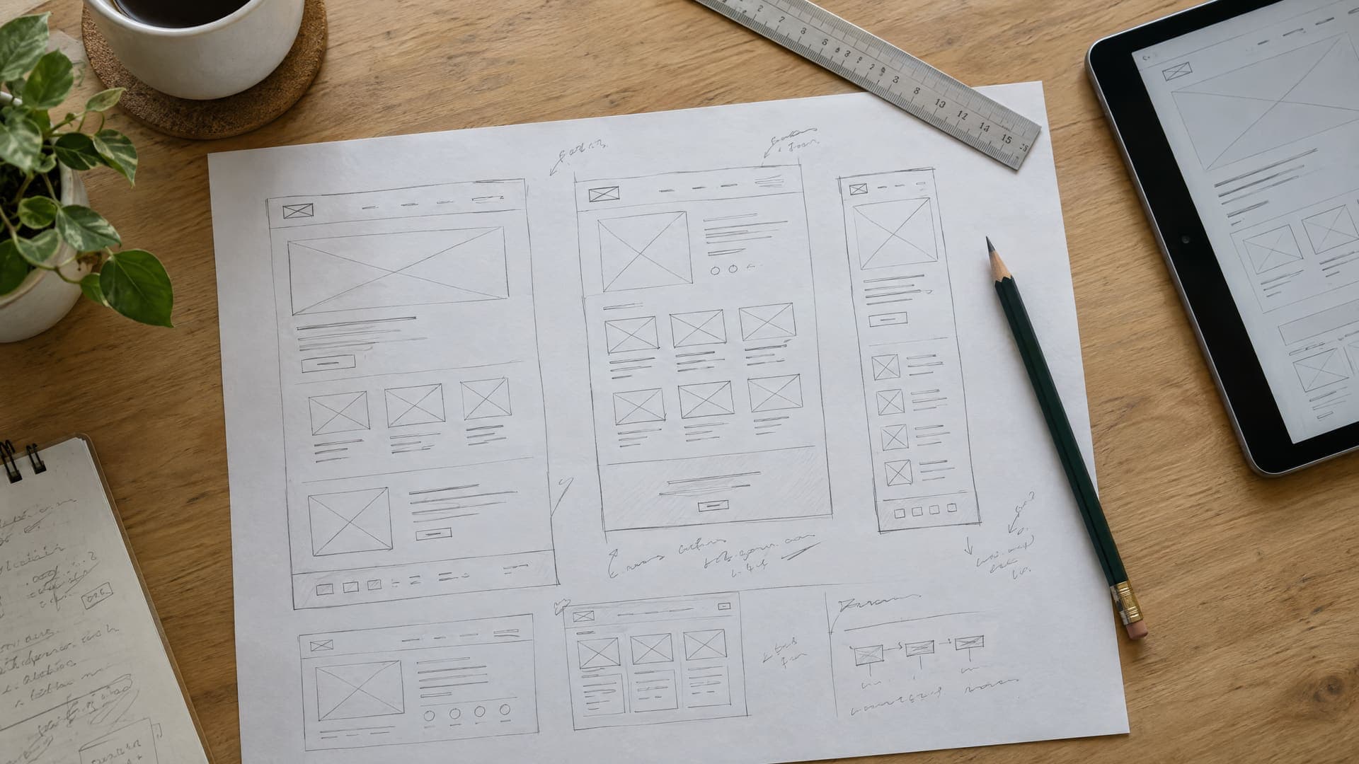 Handgezeichnete Website-Entwürfe auf Papier neben Bleistift, Lineal und Tablet auf einem Schreibtisch