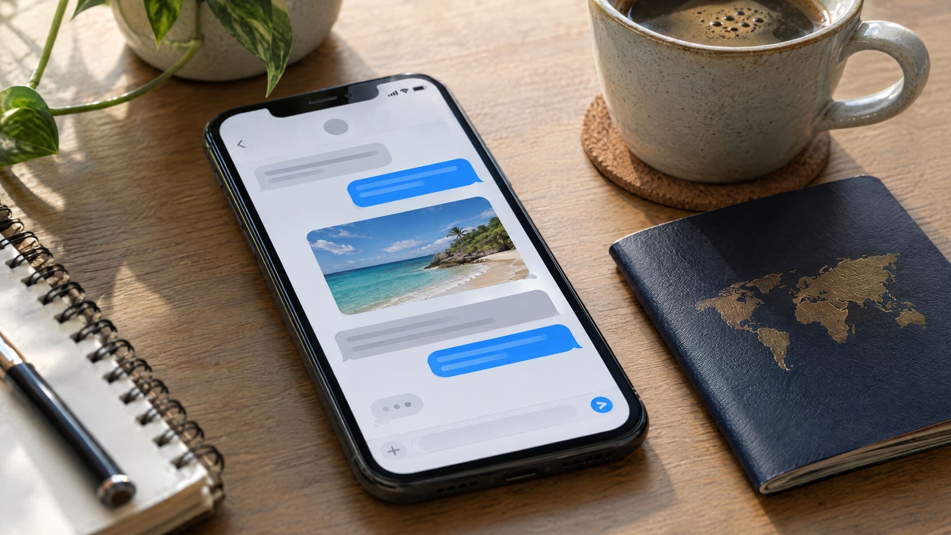 Smartphone auf einem Schreibtisch mit abstrakten Chatblasen und einem kleinen Strandfoto, daneben Reisepass und Kaffeetasse