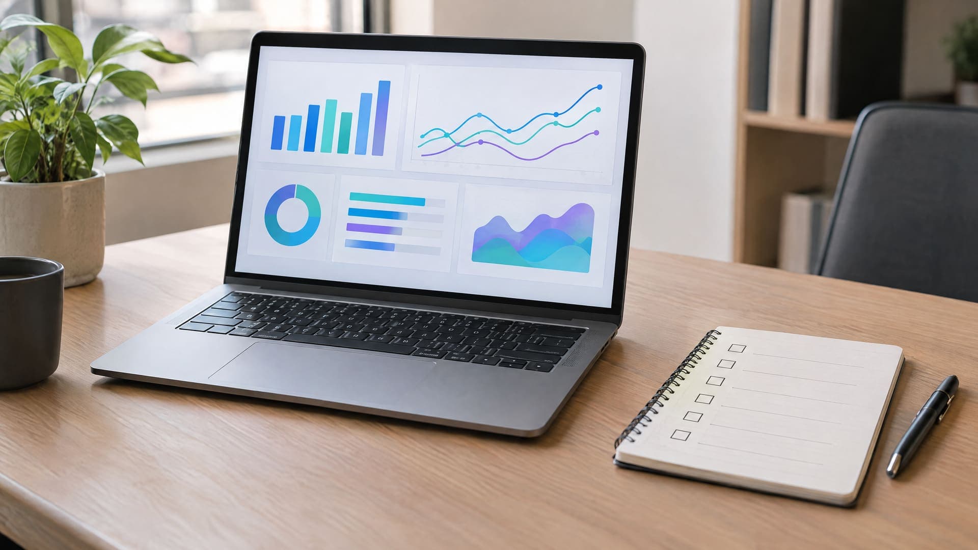 Laptop mit einem abstrakten Dashboard aus Balken und Linien neben einem Notizbuch mit Häkchen-Kästchen auf einem Schreibtisch, Bildschirm ohne lesbare Zeichen