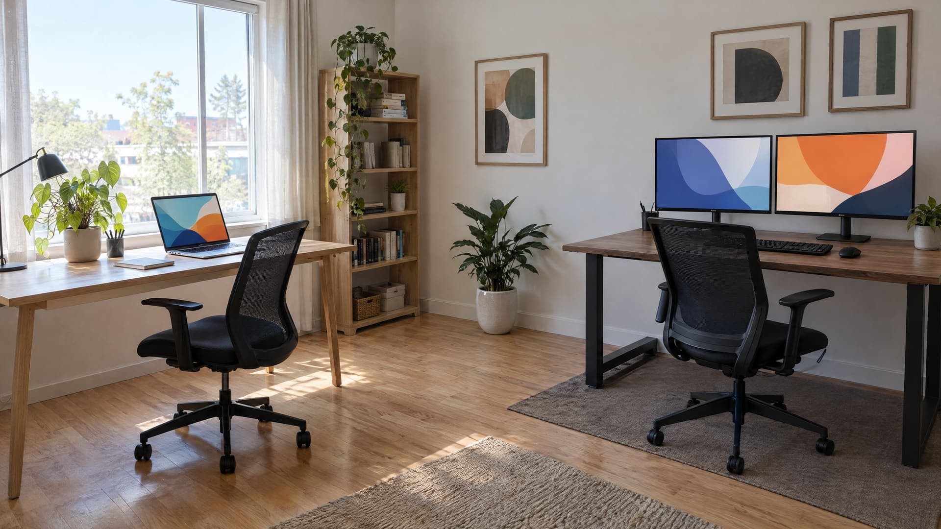 Heller Raum mit zwei getrennten Arbeitsplätzen, links ein Schreibtisch mit Laptop und Zimmerpflanze am Fenster, rechts ein Tisch mit zwei Monitoren, niemand zu sehen, Bildschirme zeigen abstrakte Flächen