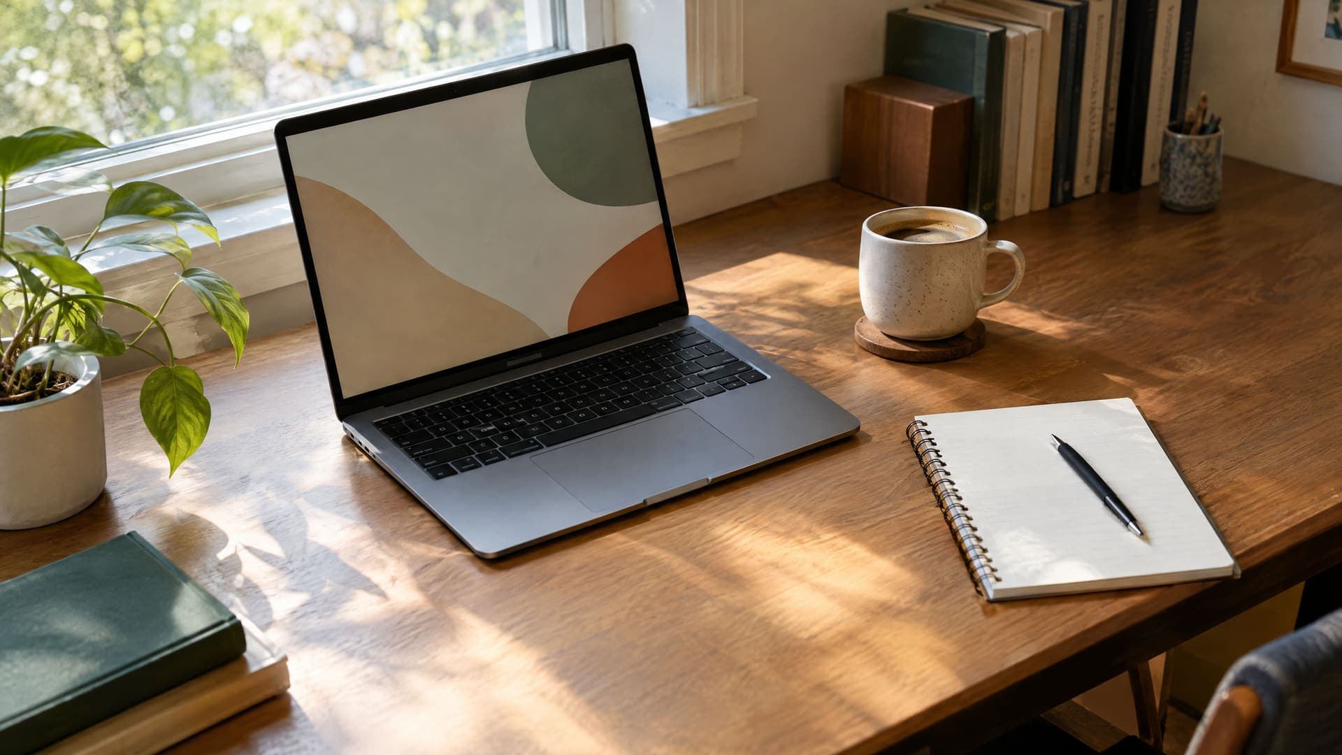 Schreibtisch in einem Arbeitszimmer mit Laptop, Notizbuch und Kaffeetasse im Licht eines Fensters, Bildschirm zeigt abstrakte Flächen, niemand zu sehen