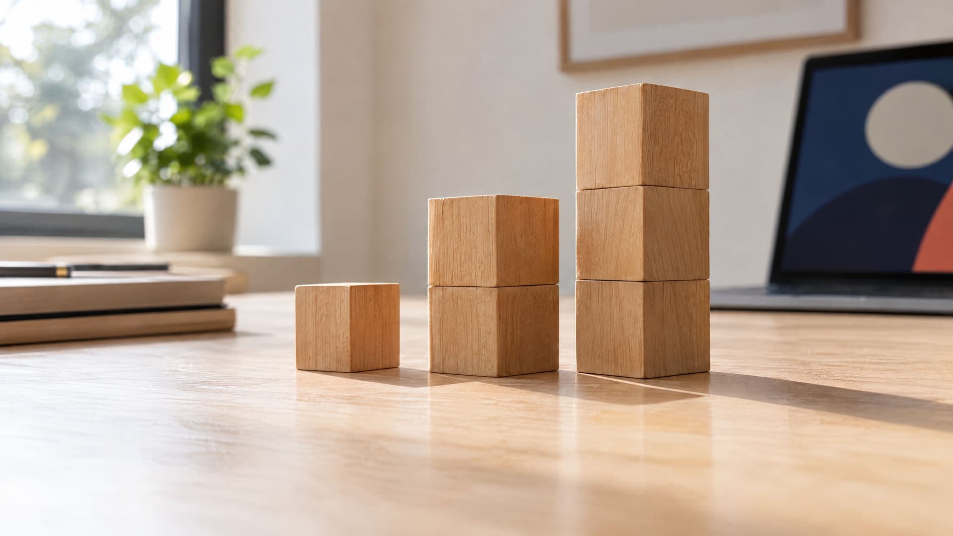 Holzbausteine in drei unterschiedlich hohen Stapeln auf einem hellen Schreibtisch im Seitenlicht, keine Beschriftung